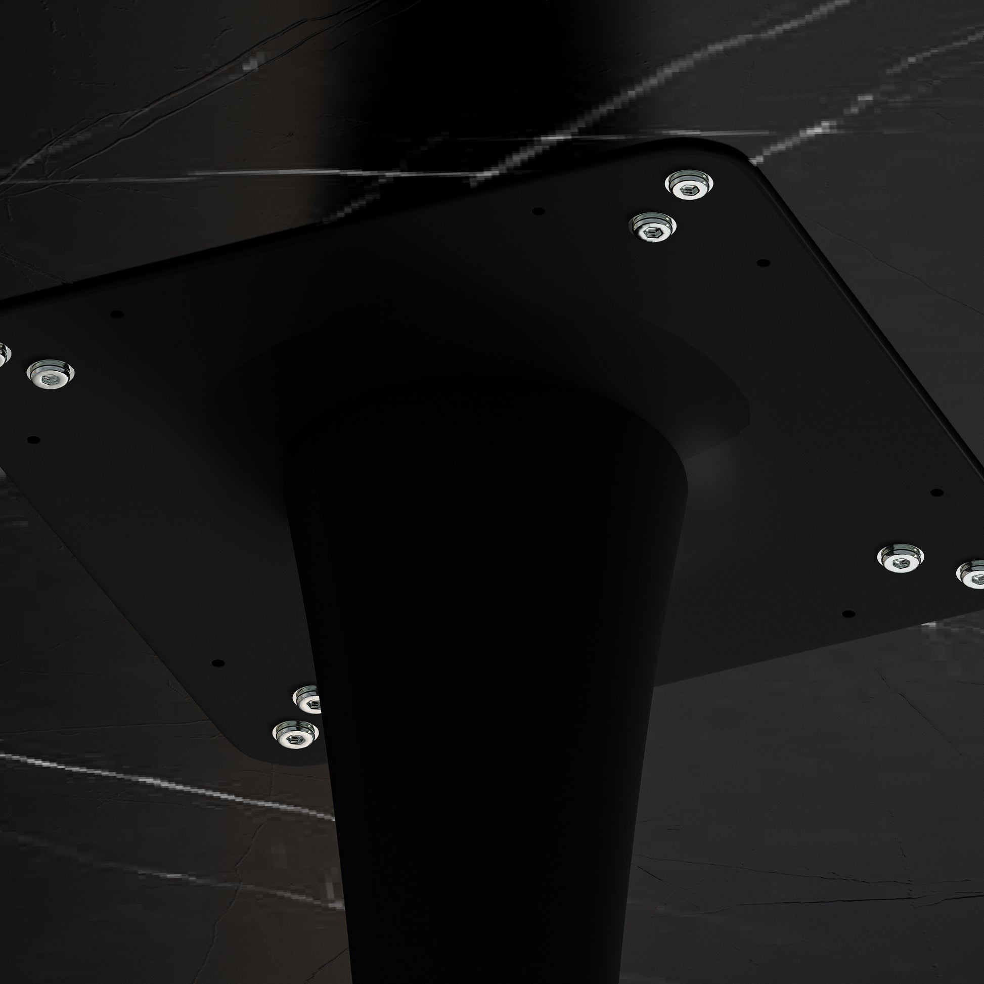 Black metal table base with square top plate and visible bolts