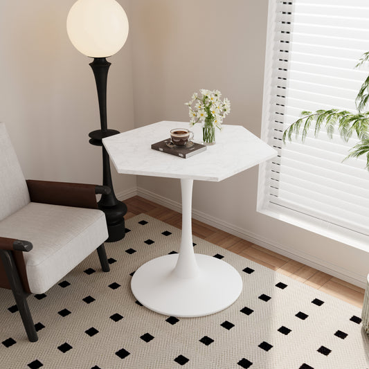 White marble octagonal side table with a modern tulip base
