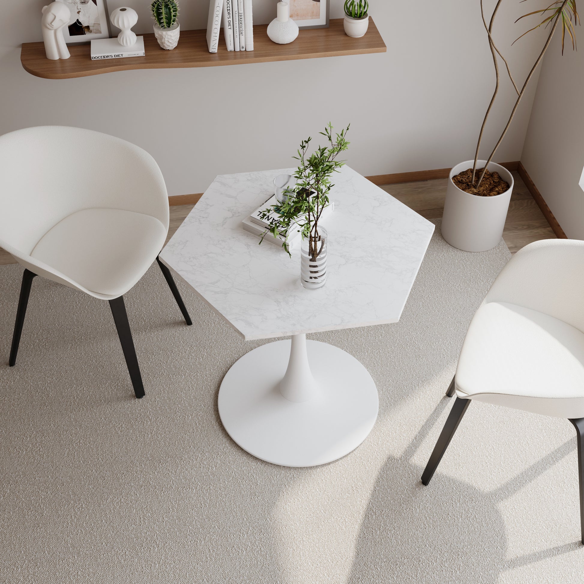 White upholstered accent chair with black metal legs