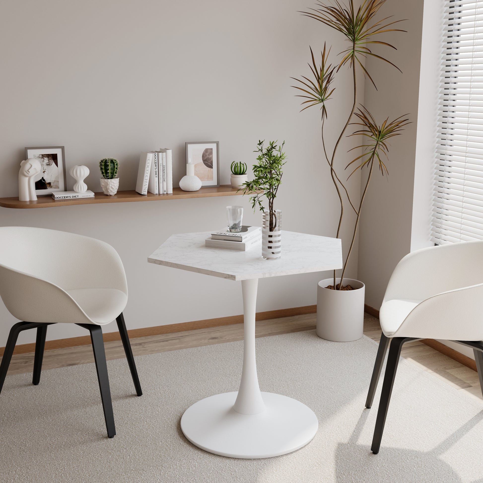 Modern white molded plastic dining chair with black metal legs