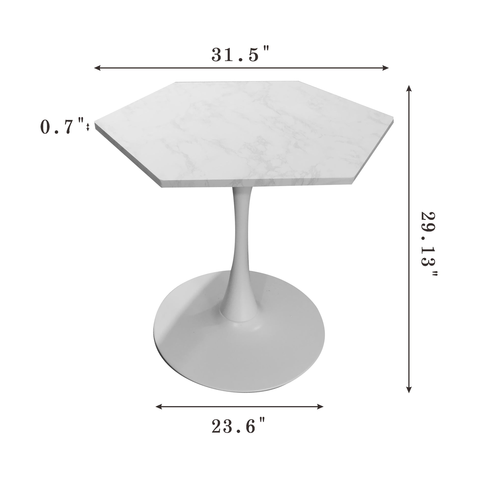 White marble top hexagonal dining table with pedestal base