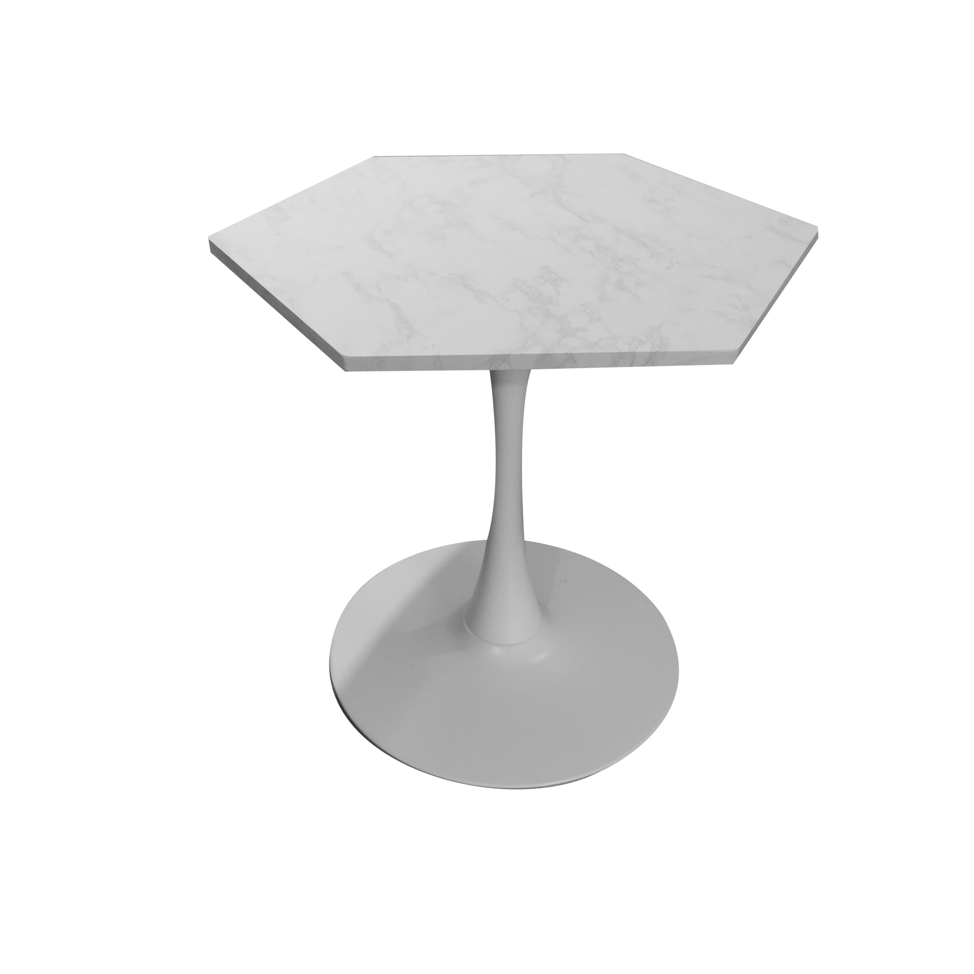 Hexagonal marble top side table with white pedestal base