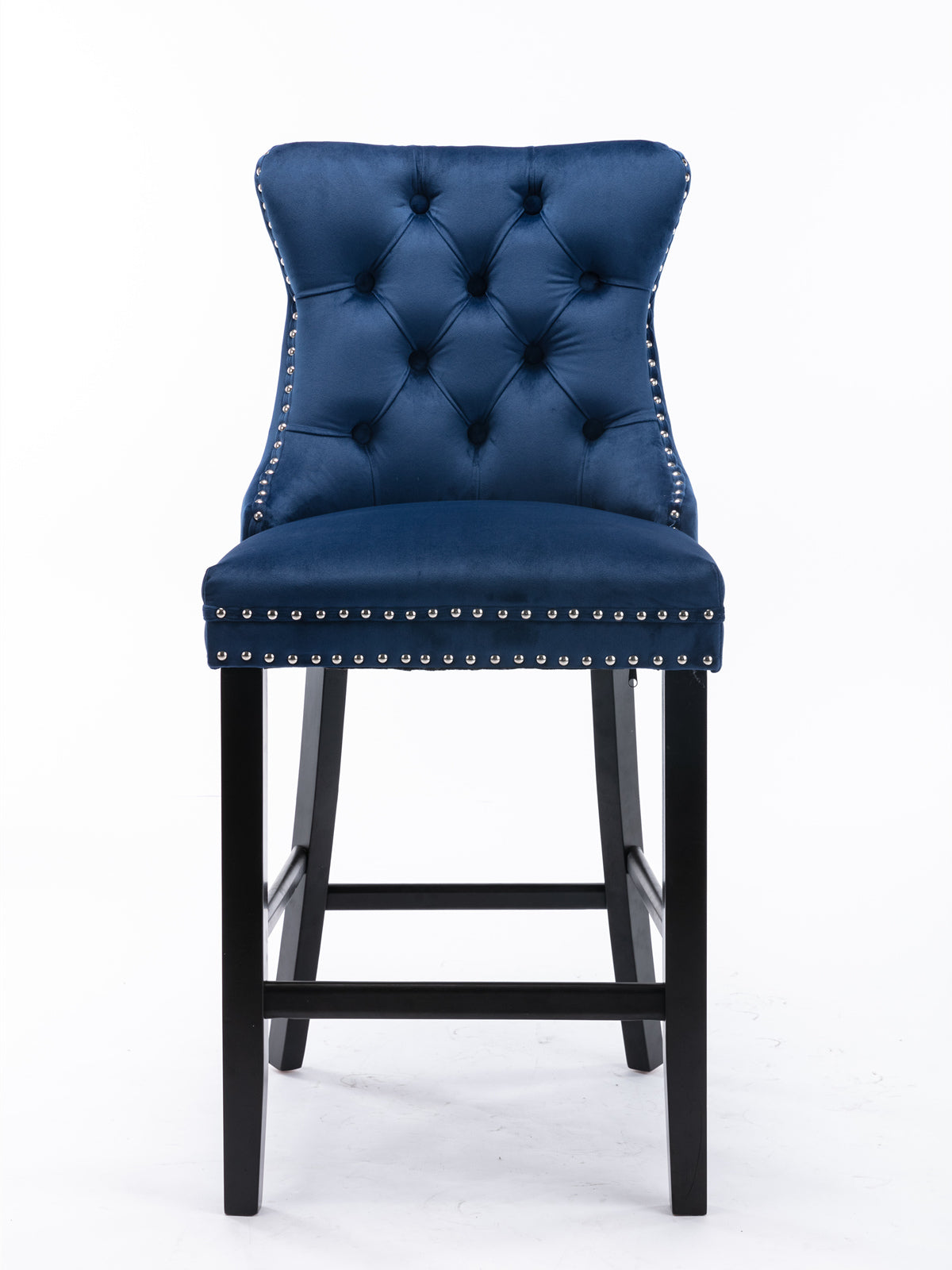 Navy velvet tufted bar stool with silver nailhead trim and black wooden legs