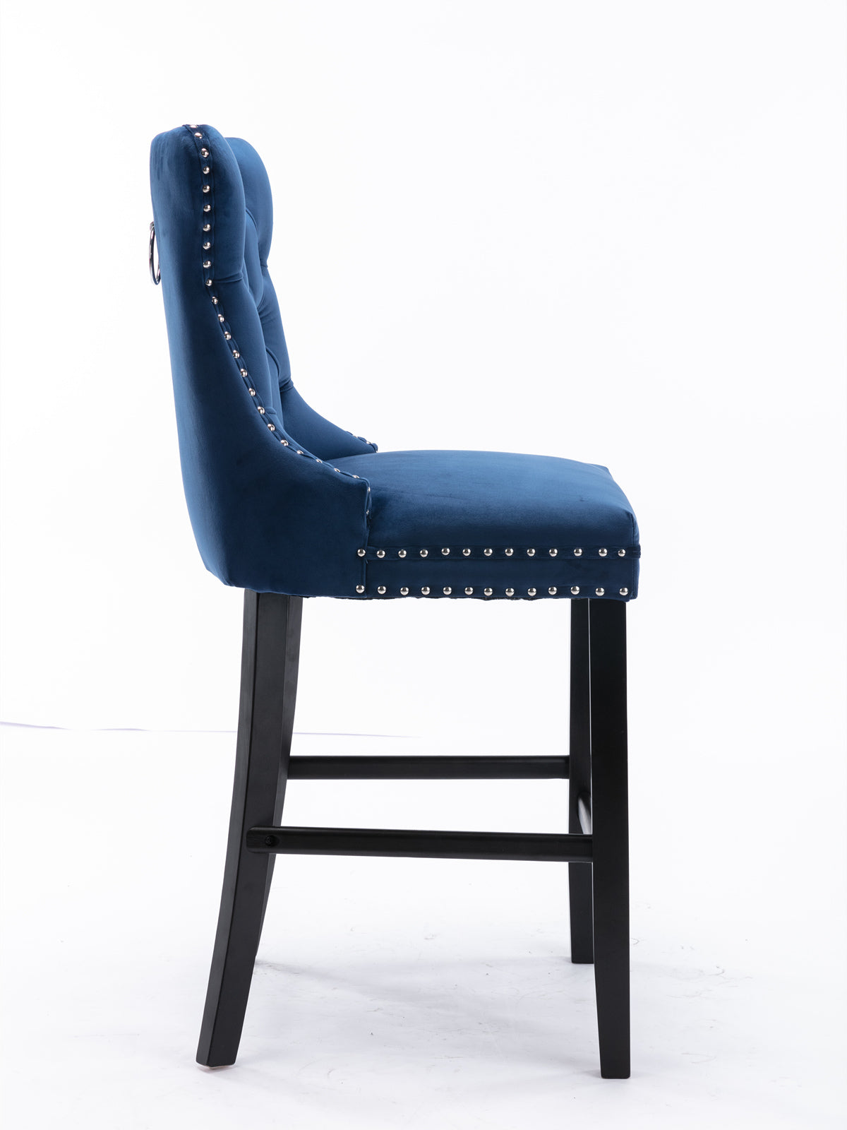 Navy blue velvet bar stool with silver stud accents and ring pull
