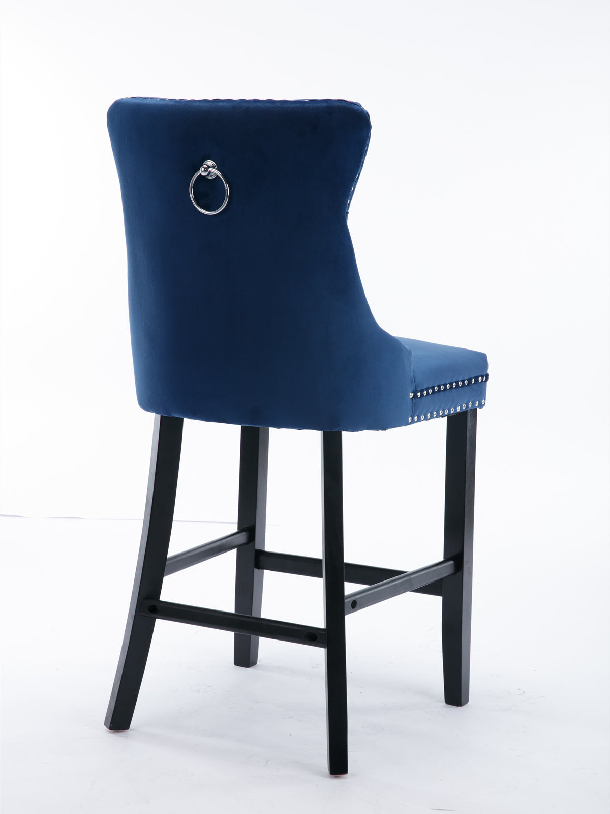 Navy velvet bar stool with silver nailhead trim and ring pull