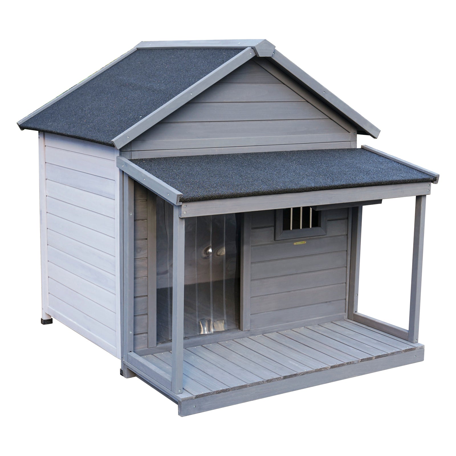 Gray wooden dog house with porch and clear door