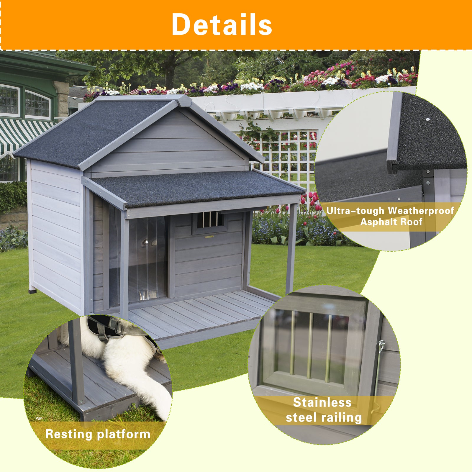 Grey wooden dog house with wide resting platform and asphalt roof