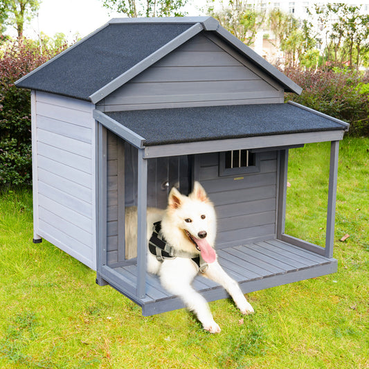 Gray wooden dog house with porch