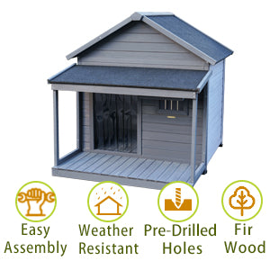 Gray wooden dog house with porch