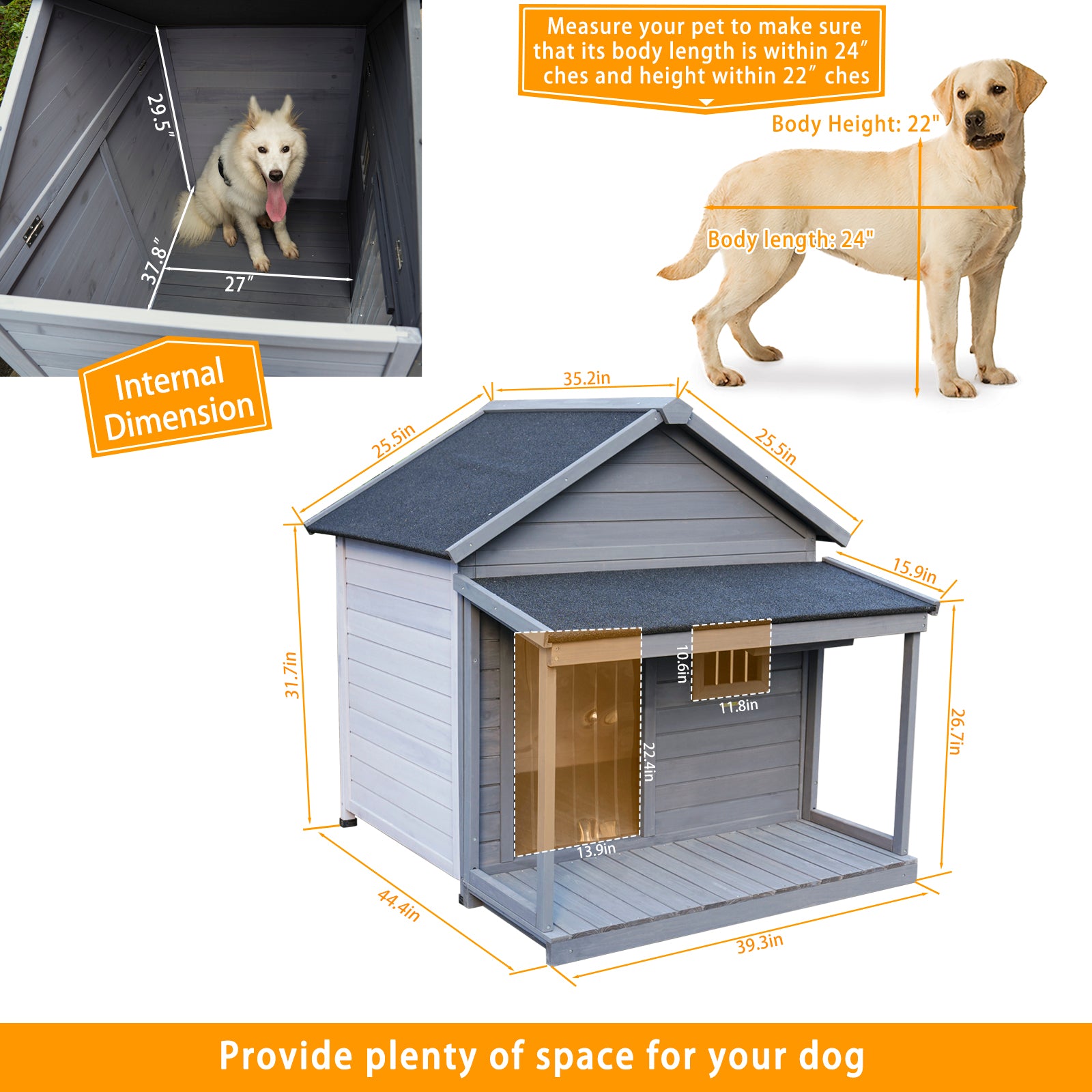 Gray wooden dog house with porch