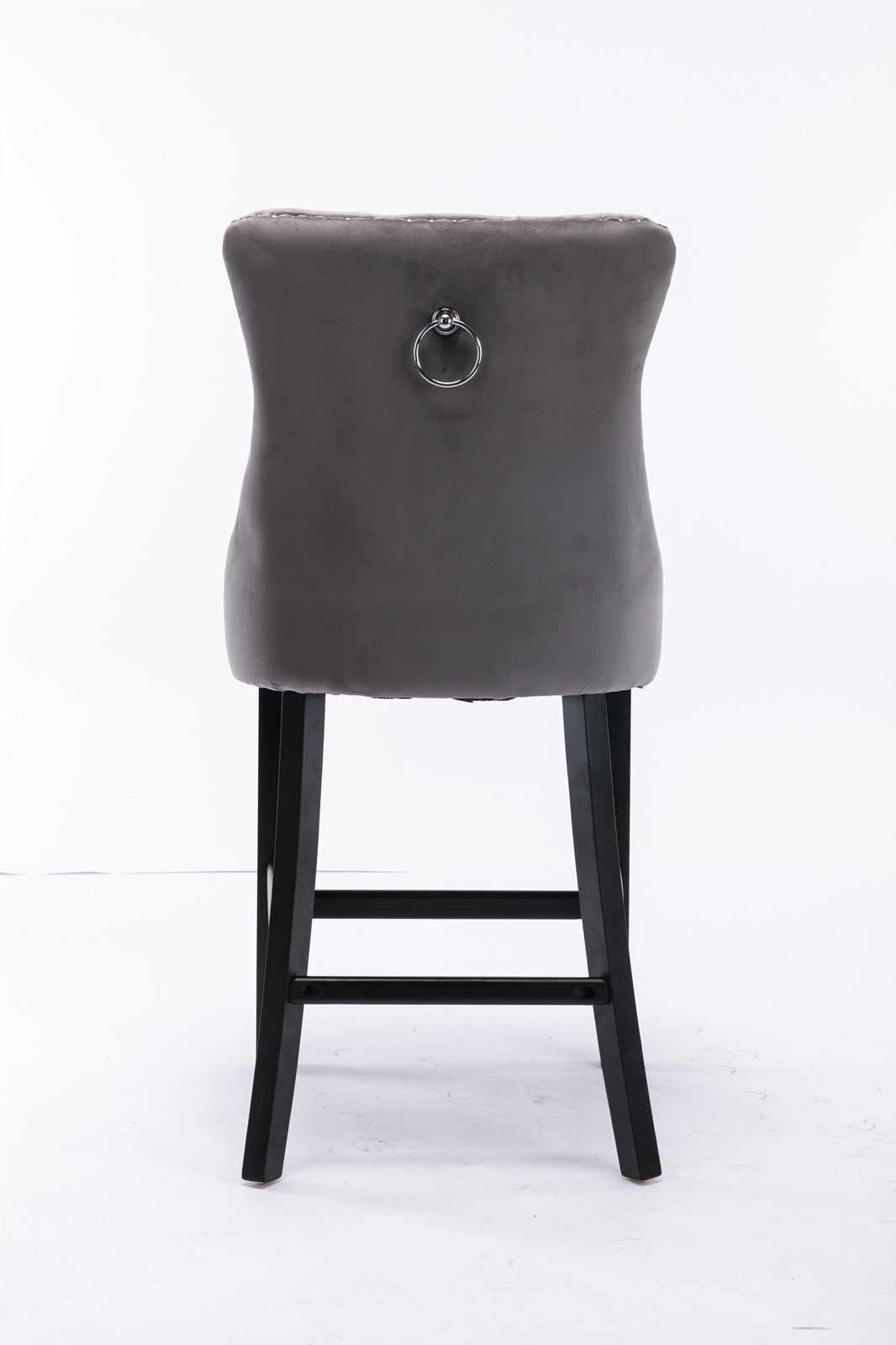 Grey velvet bar stool with silver ring pull detail and stud trim