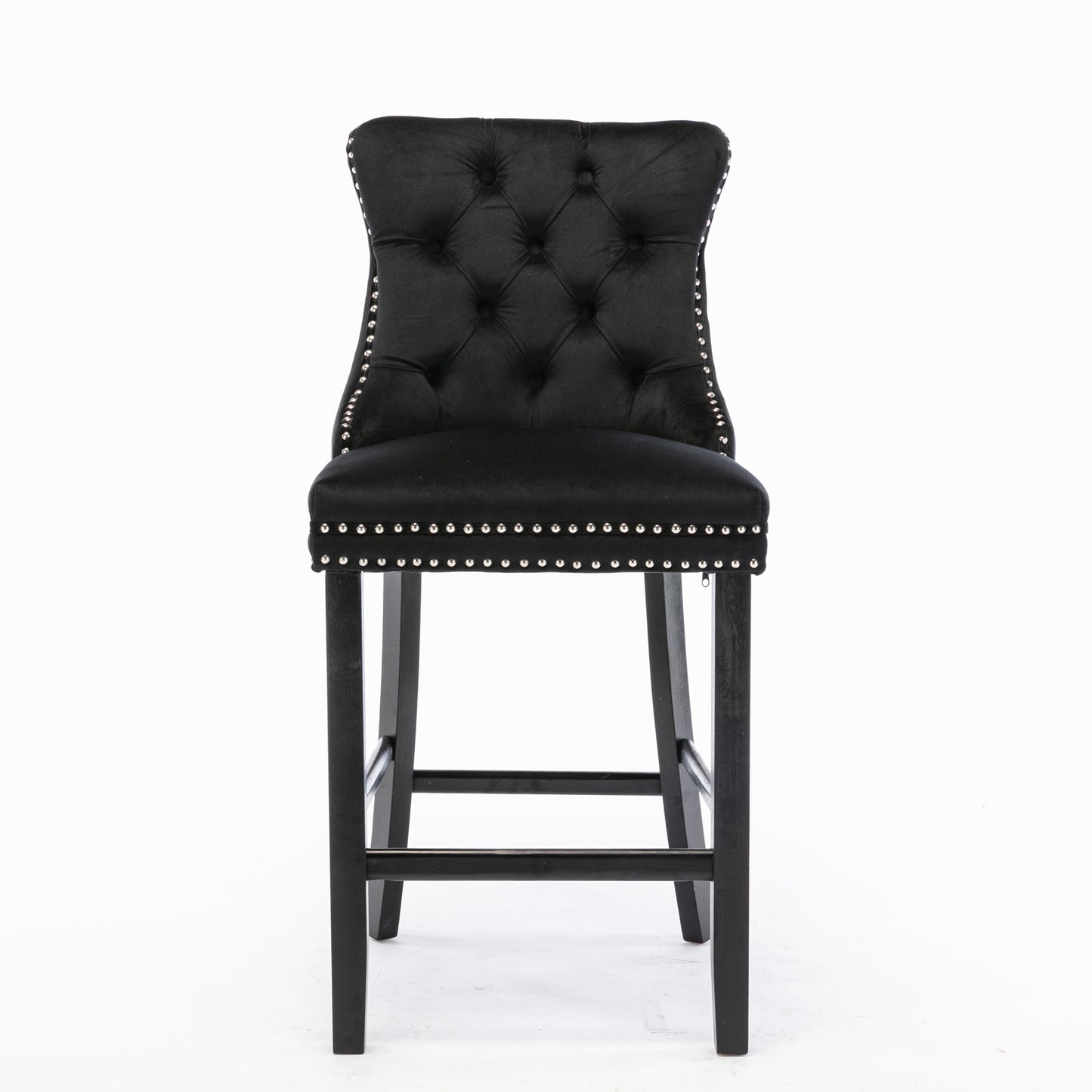 Black velvet tufted bar stool with silver nailhead trim