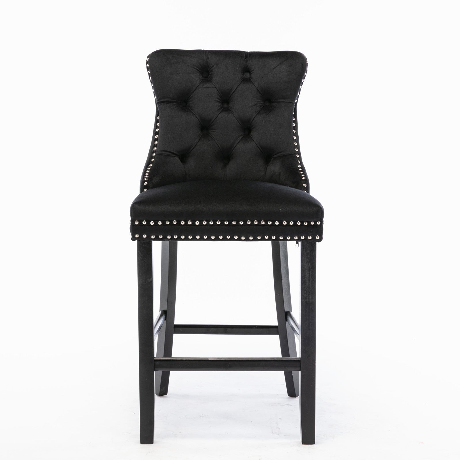 Black velvet tufted bar stool with silver nailhead trim