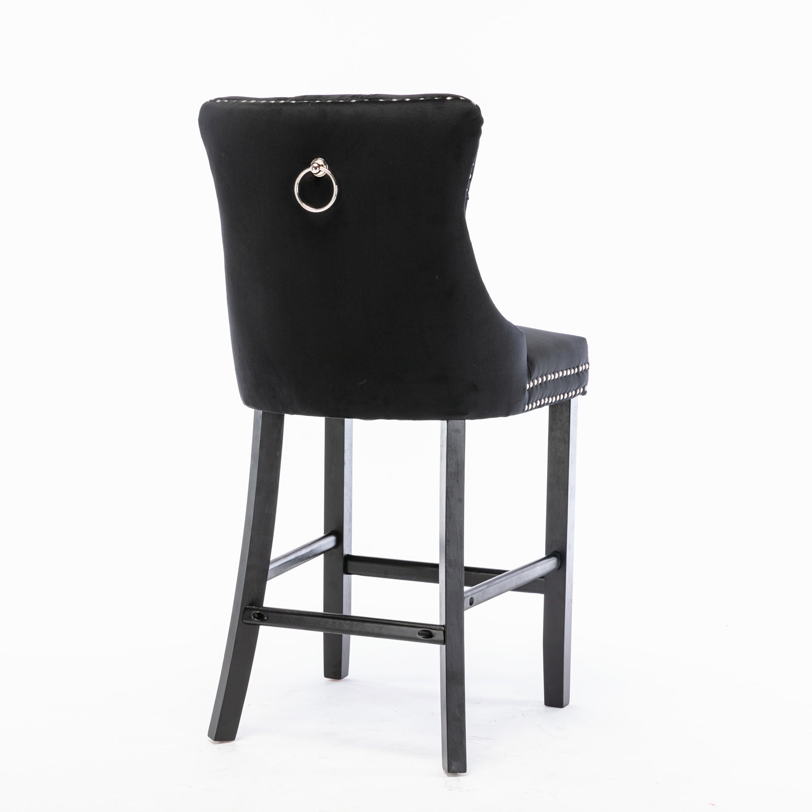 Black velvet bar stool with silver nailhead trim and ring pull accent