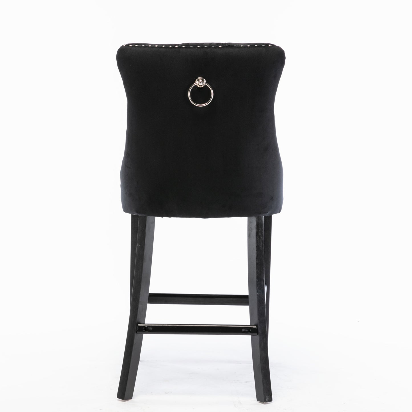 Black velvet bar stool with silver nailhead trim and a decorative ring accent