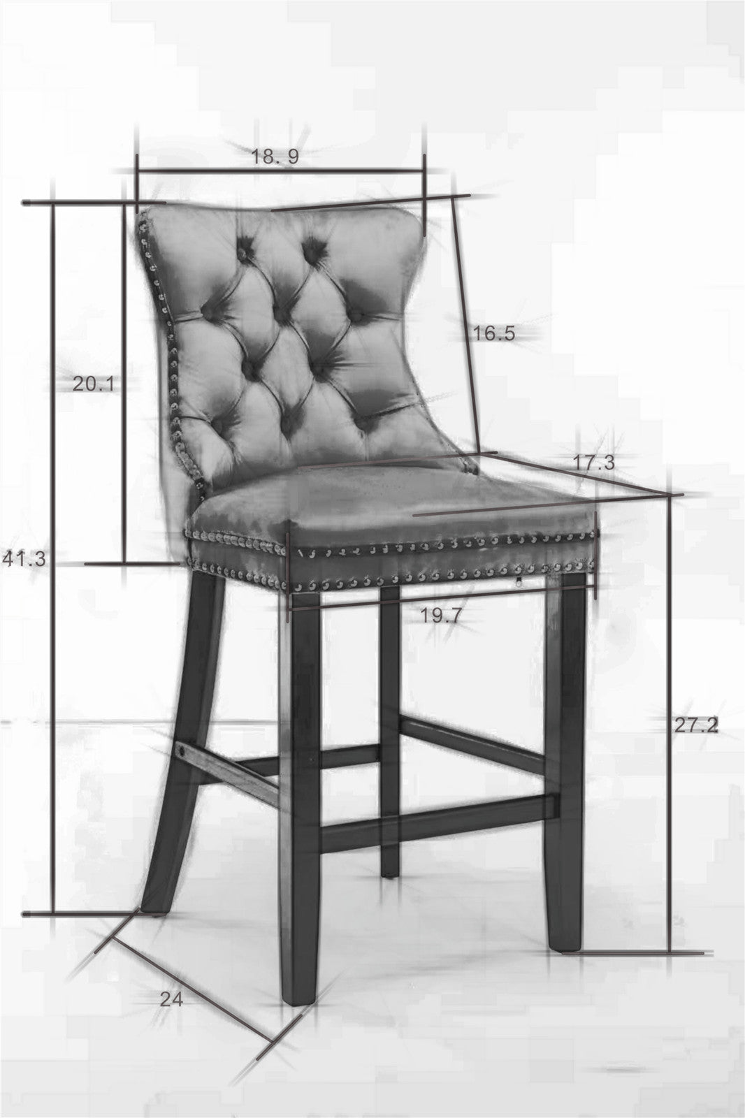 Tufted back velvet bar stool with nailhead trim in a charcoal gray hue