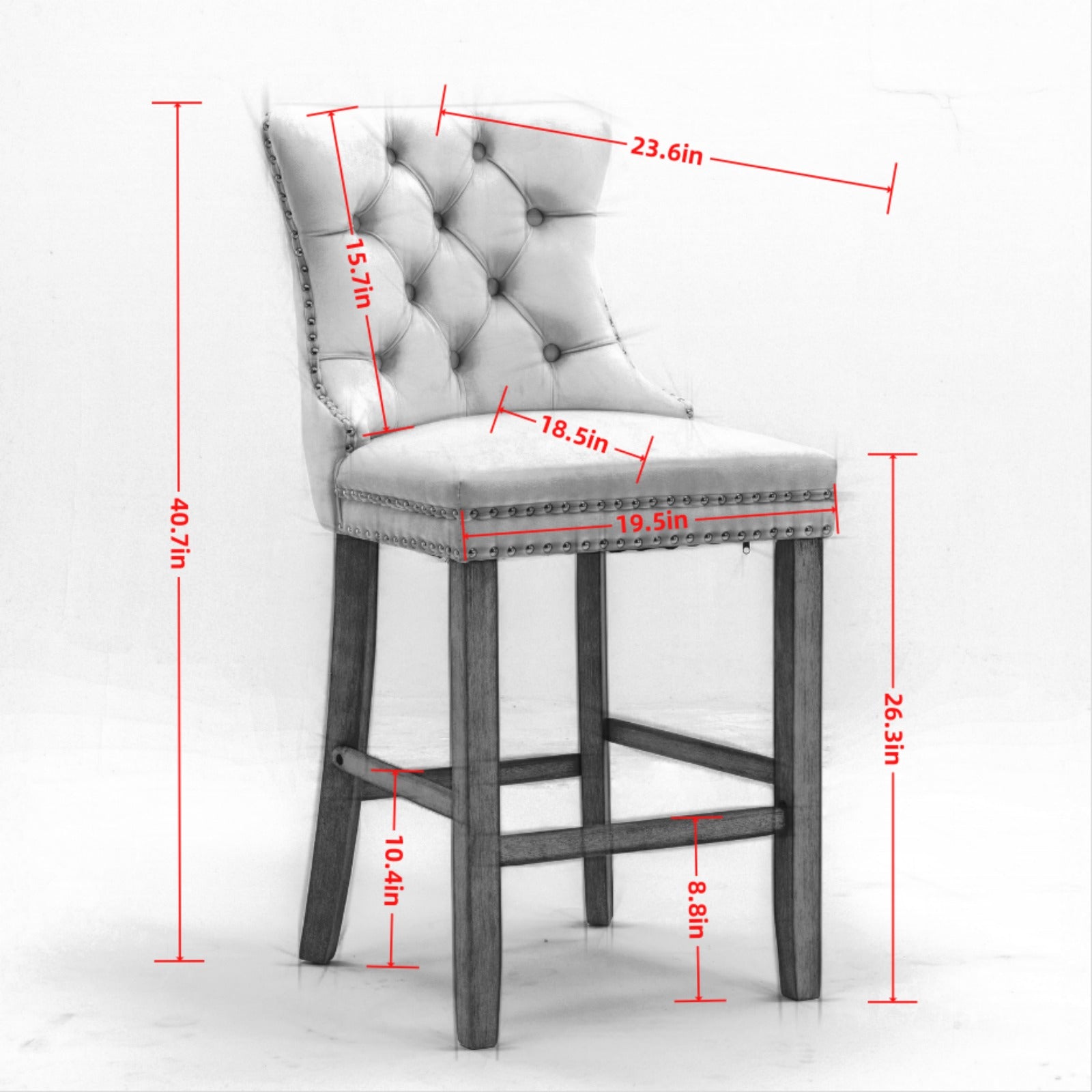 Tufted back upholstered bar stool with nailhead trim and wooden legs