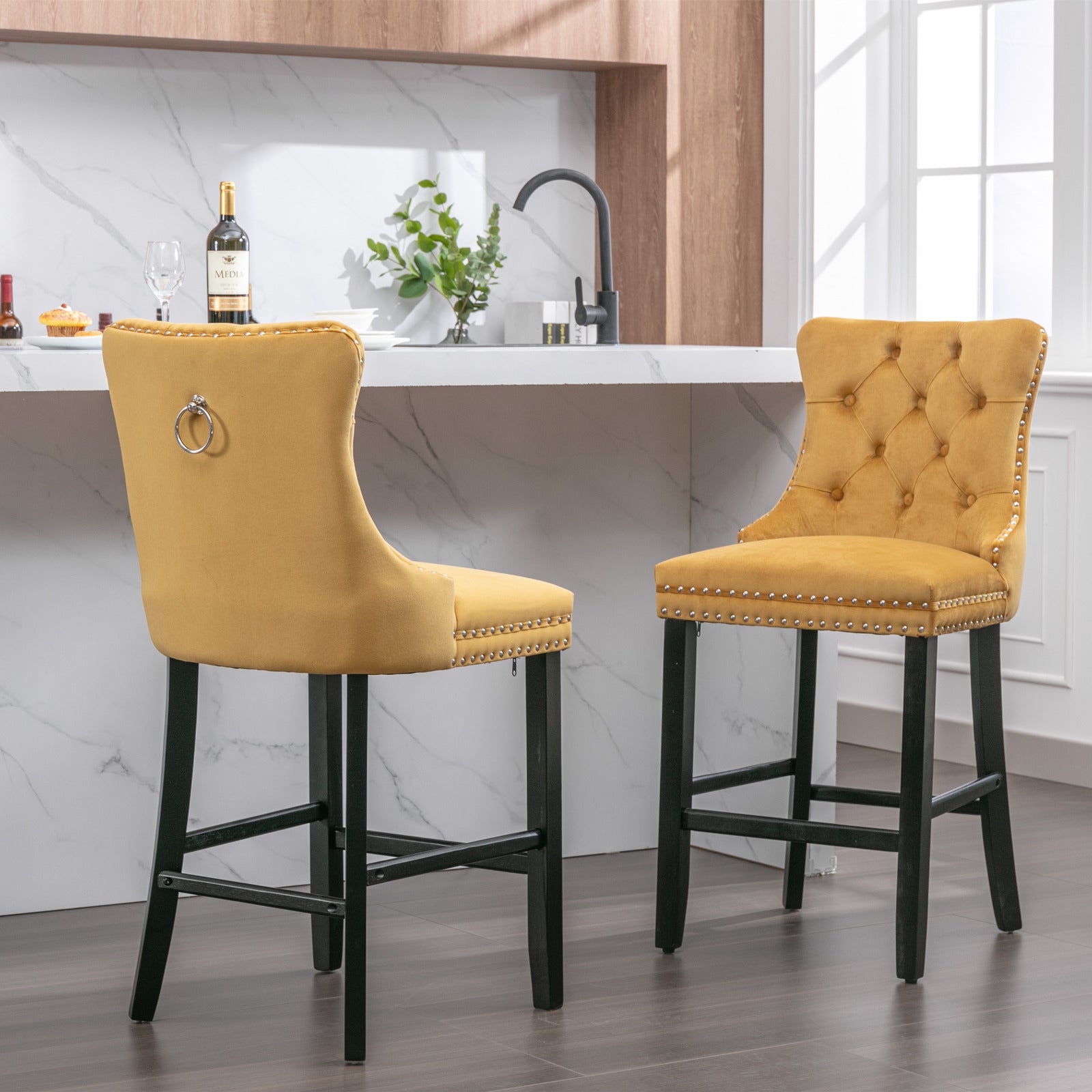 Gold velvet bar stool with silver studding and ring pull