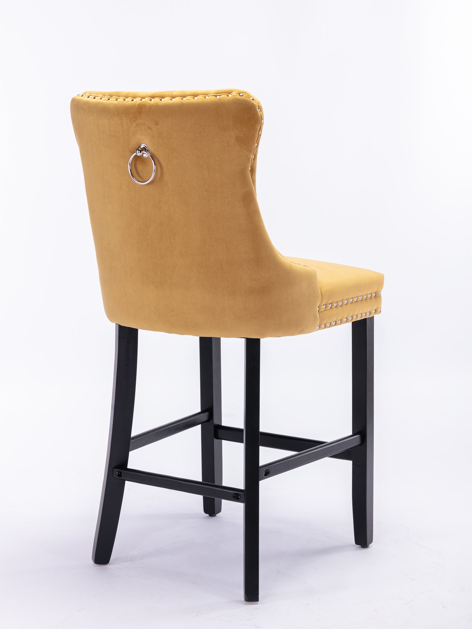 Gold velvet bar stool with tufted back and silver ring