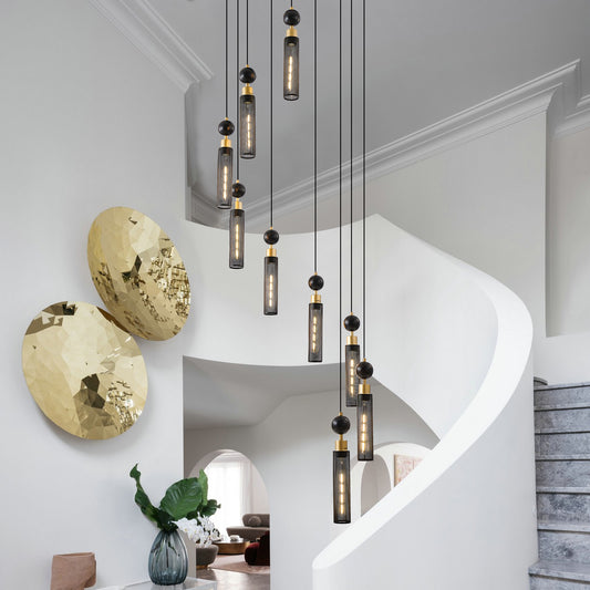 Modern black mesh pendant light with gold accents