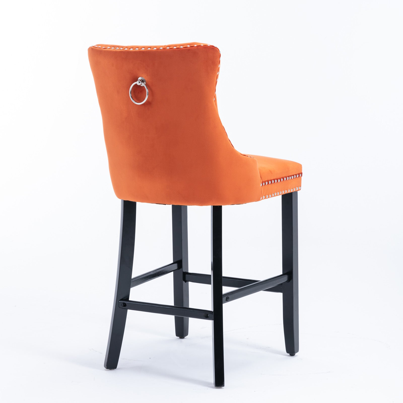 Orange velvet bar stool with silver nailhead trim and ring pull