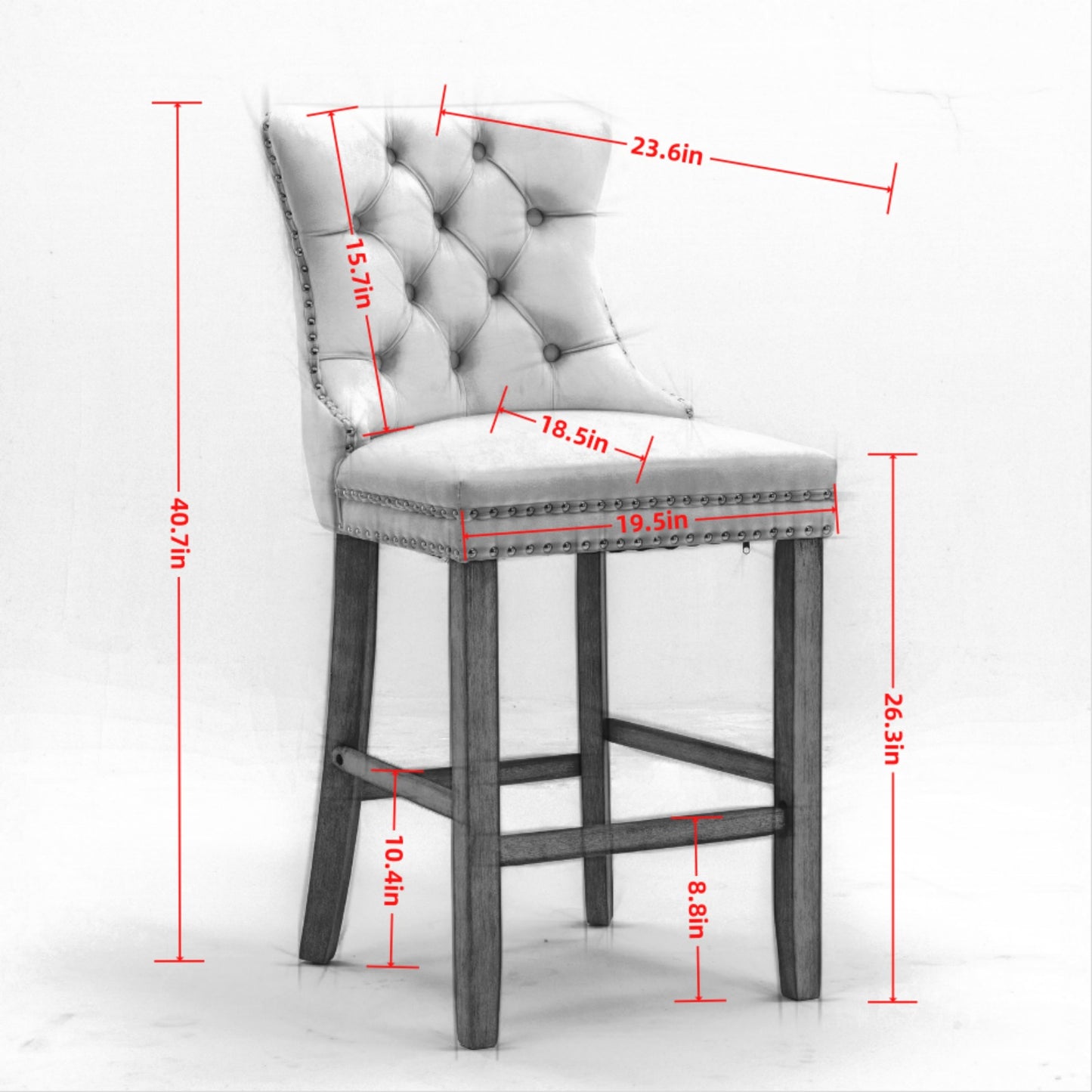 Tufted grey velvet bar stool with nailhead trim and wooden legs