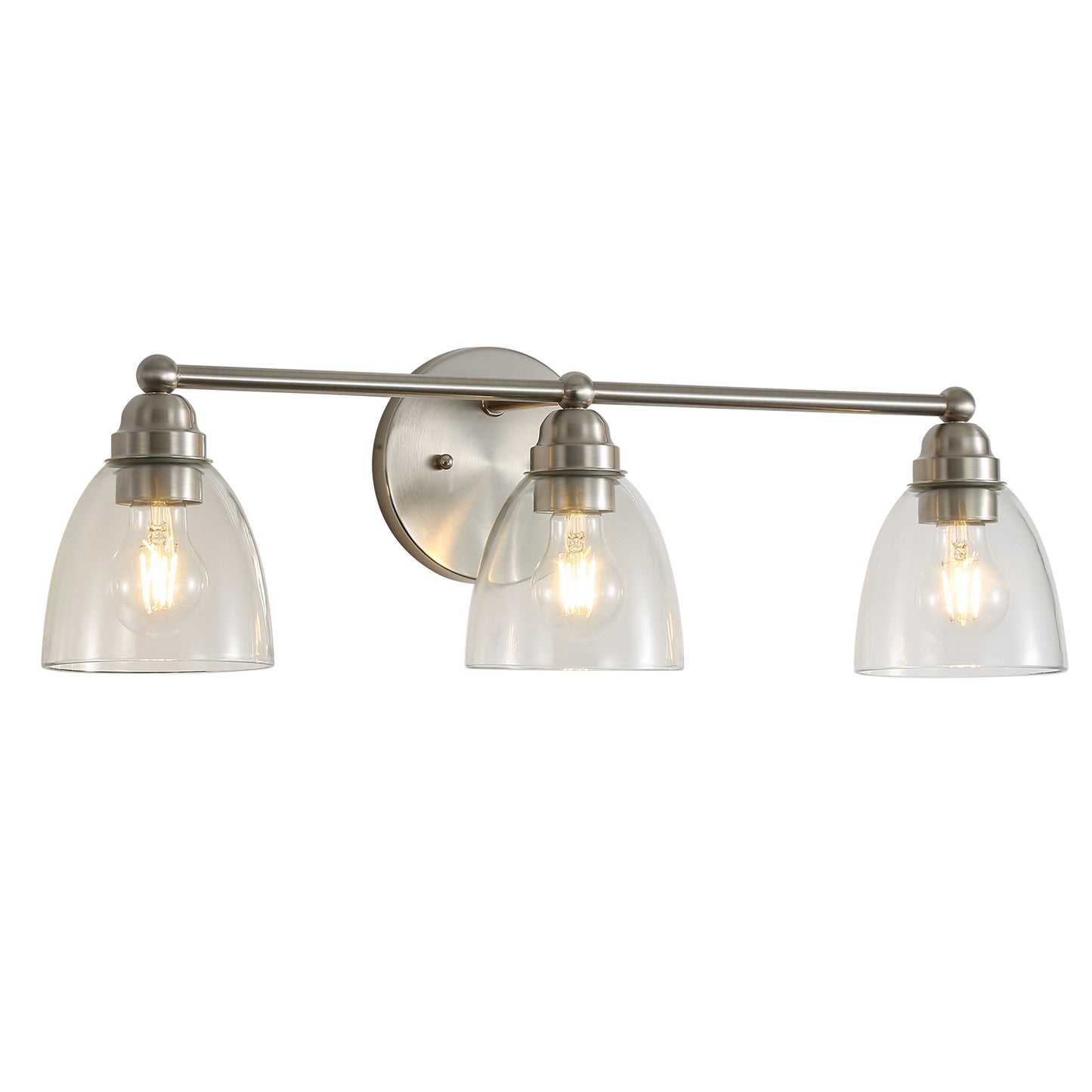 Brushed nickel vanity light with three clear glass shades and Edison bulbs