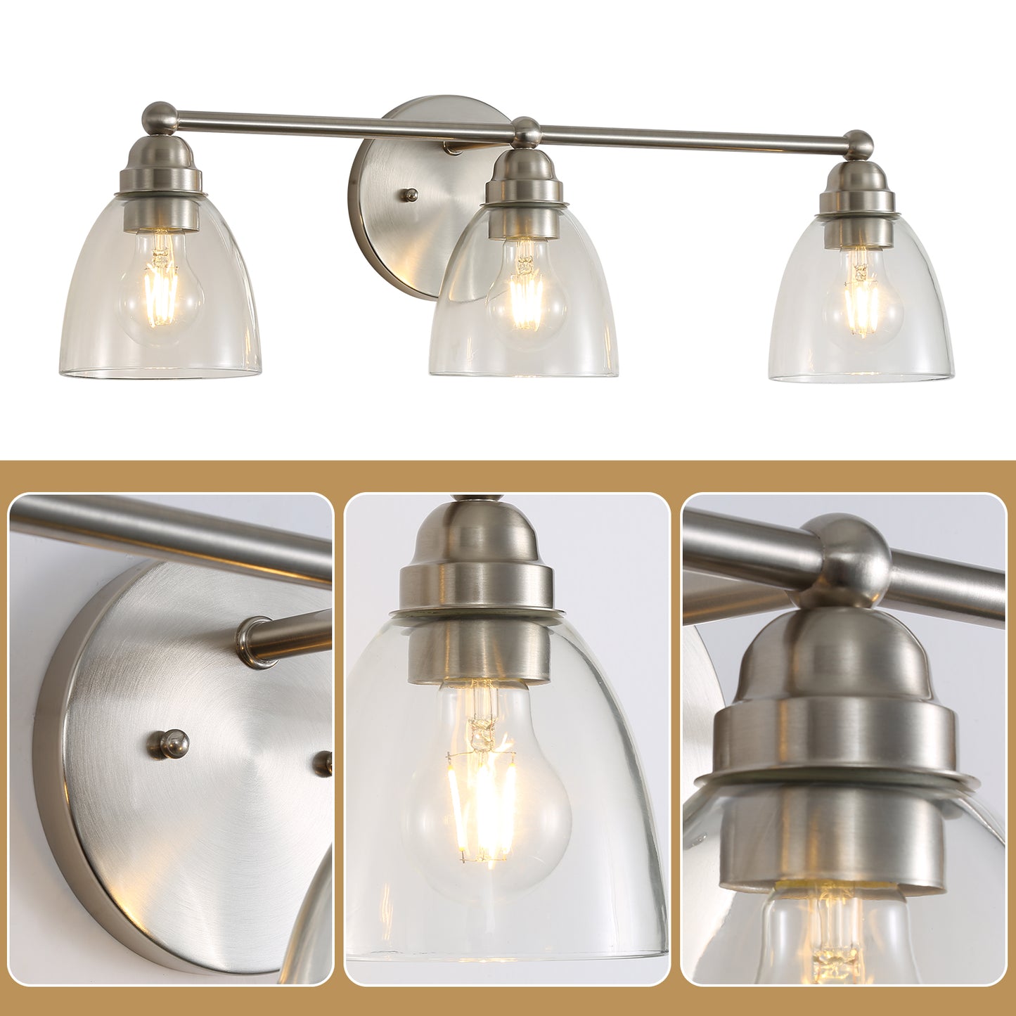 Brushed nickel threelight vanity light with clear glass bell shades
