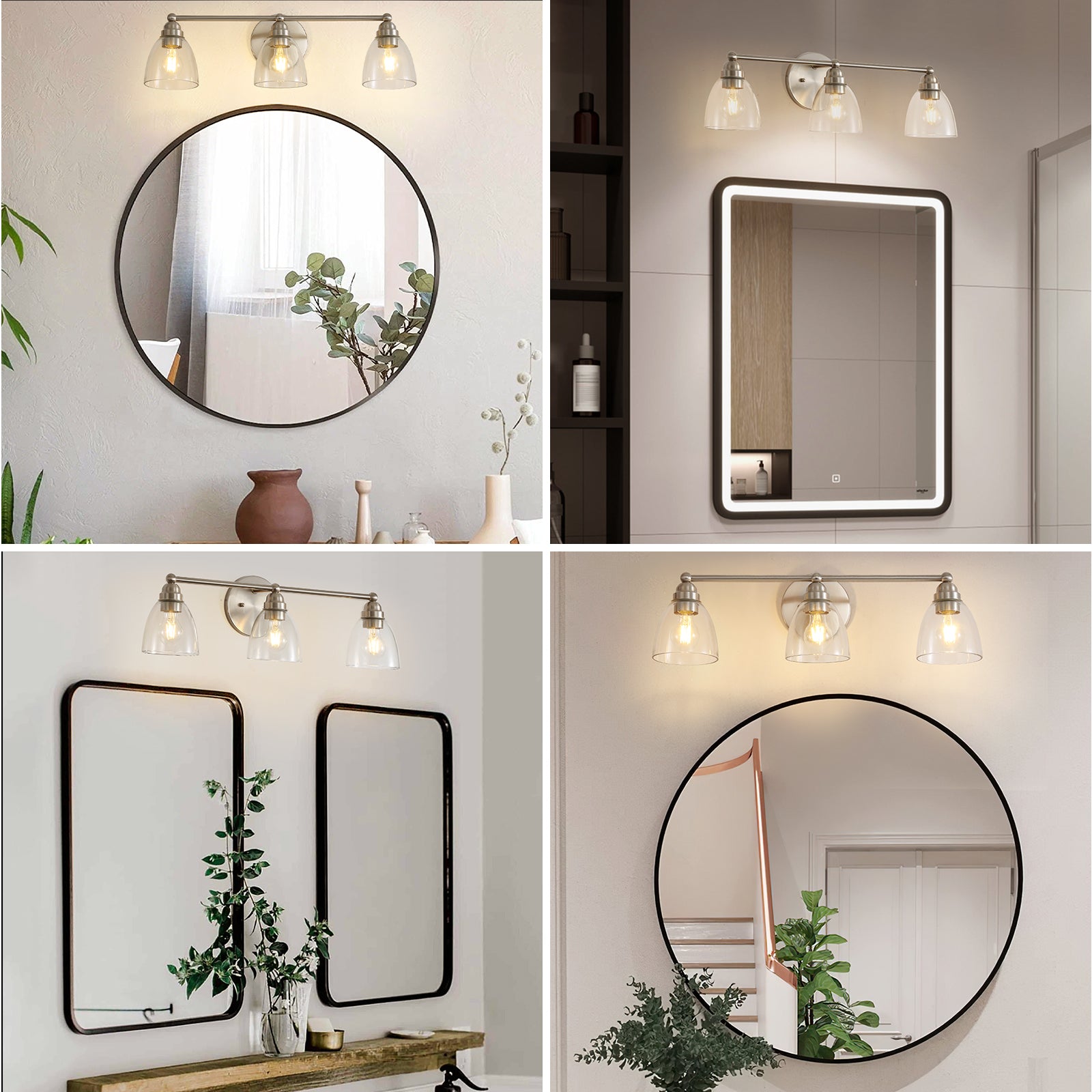 Brushed nickel light vanity light fixture above a round blackframed mirror