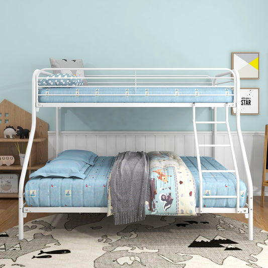 White metal bunk bed with blue nautical bedding