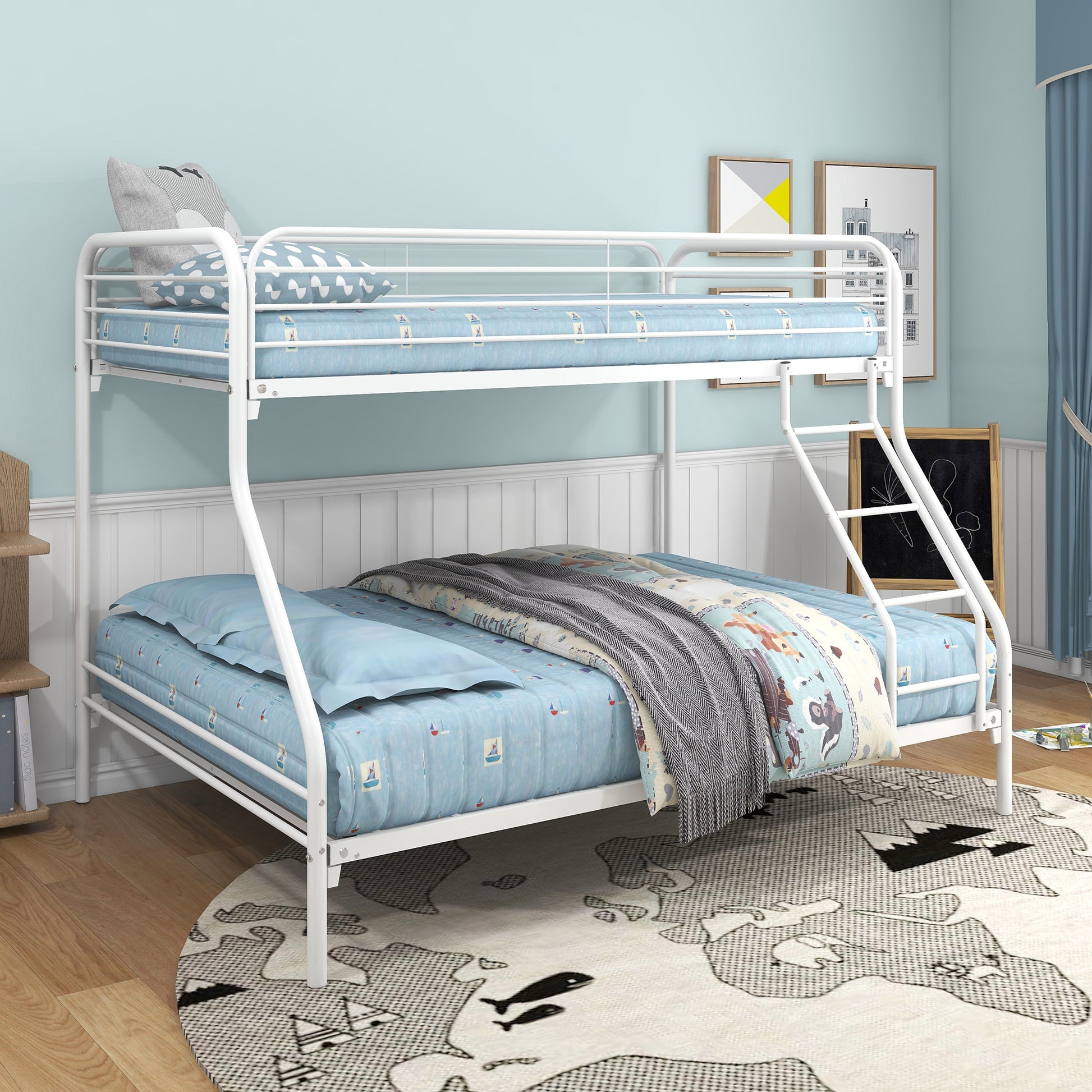 White metal twin over twin bunk bed with blue patterned bedding and ladder