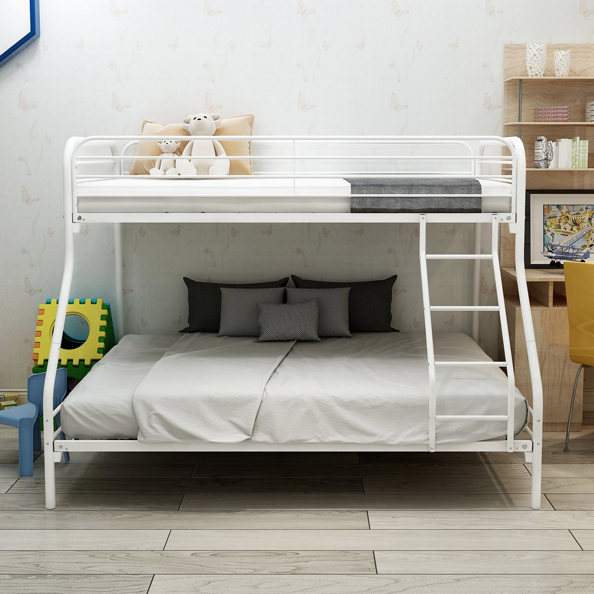 White metal triple bunk bed with ladder and bedding