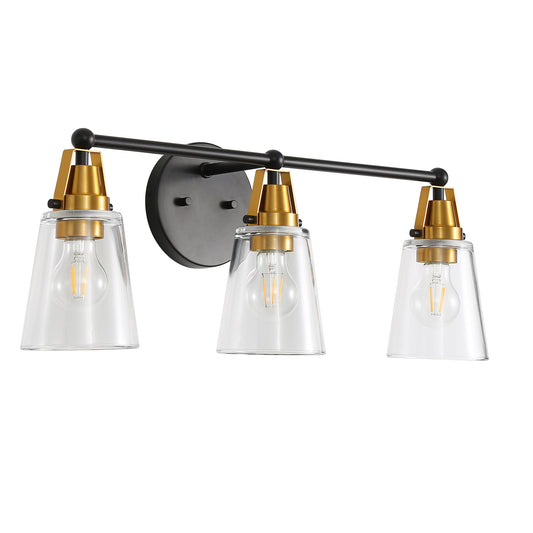 Threelight modern vanity light fixture with clear glass shades and brass accents