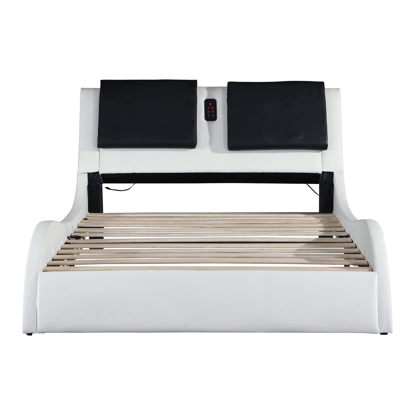White faux leather platform bed frame with black headboard cushions and remote