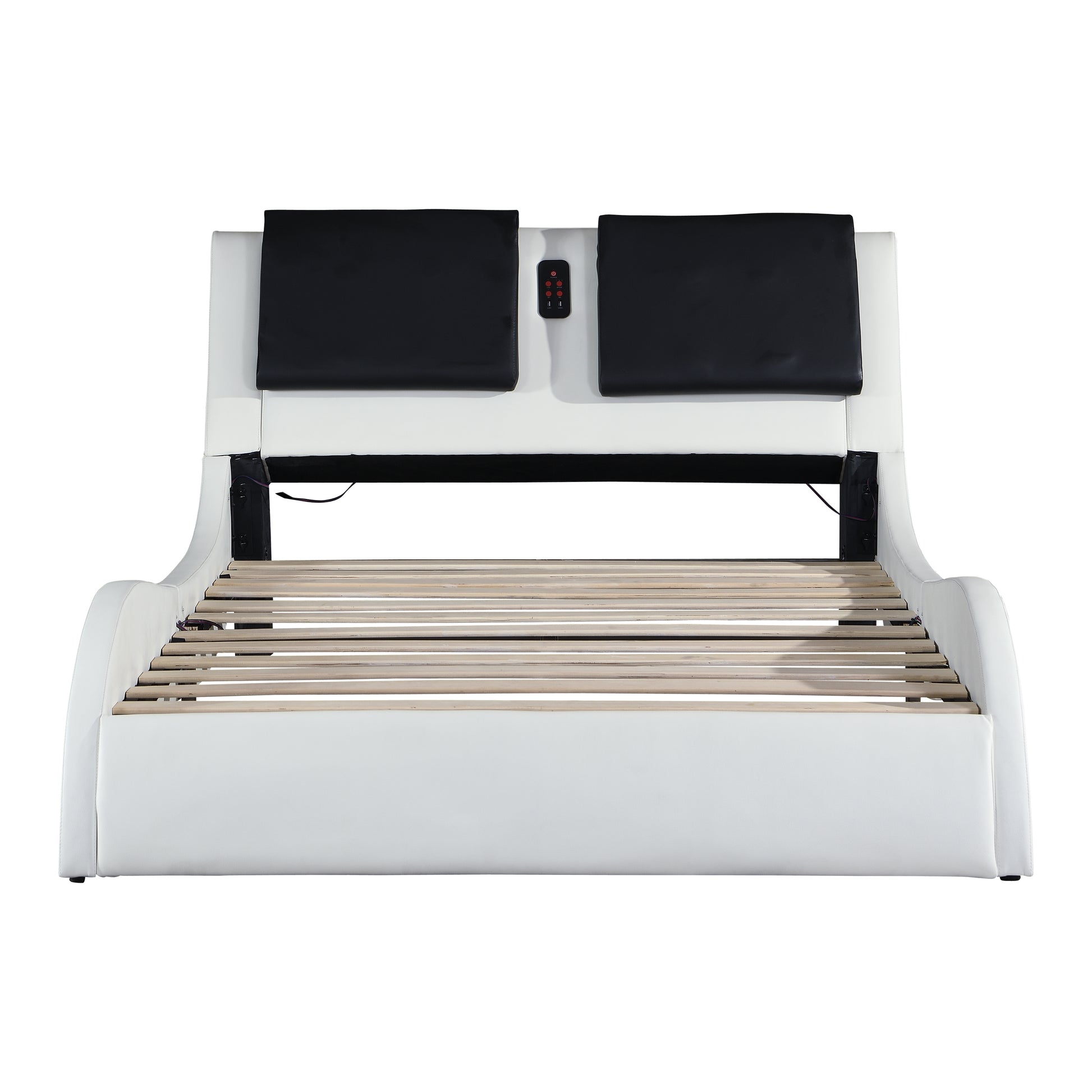 White faux leather platform bed frame with black headboard cushions and remote