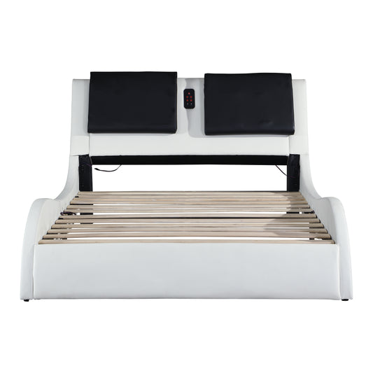White faux leather platform bed frame with black headboard cushions and remote