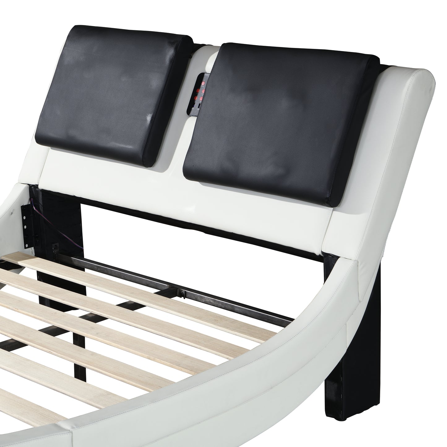 White and black faux leather bed frame with adjustable headrests and slatted base