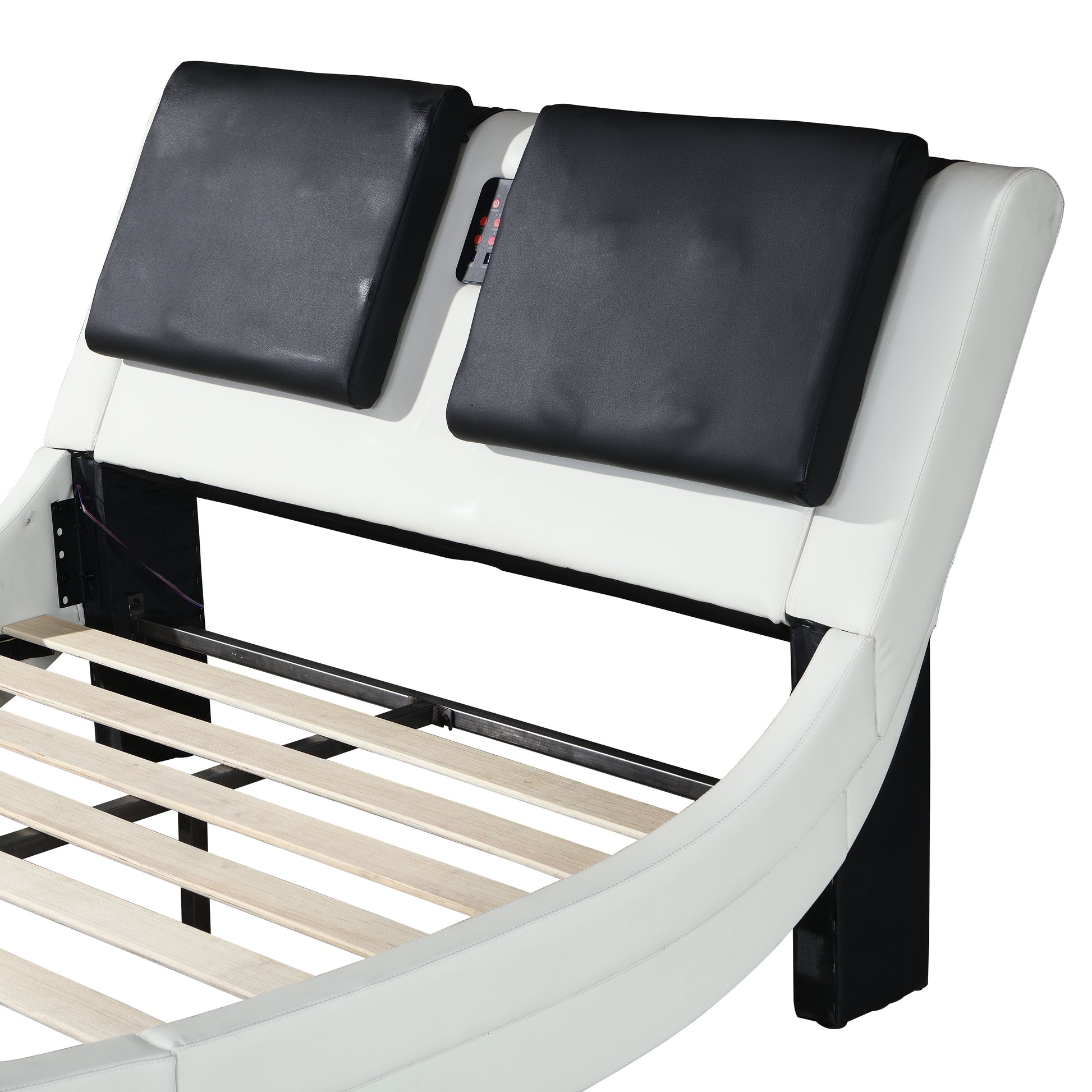 White and black faux leather bed frame with adjustable headrests and slatted base