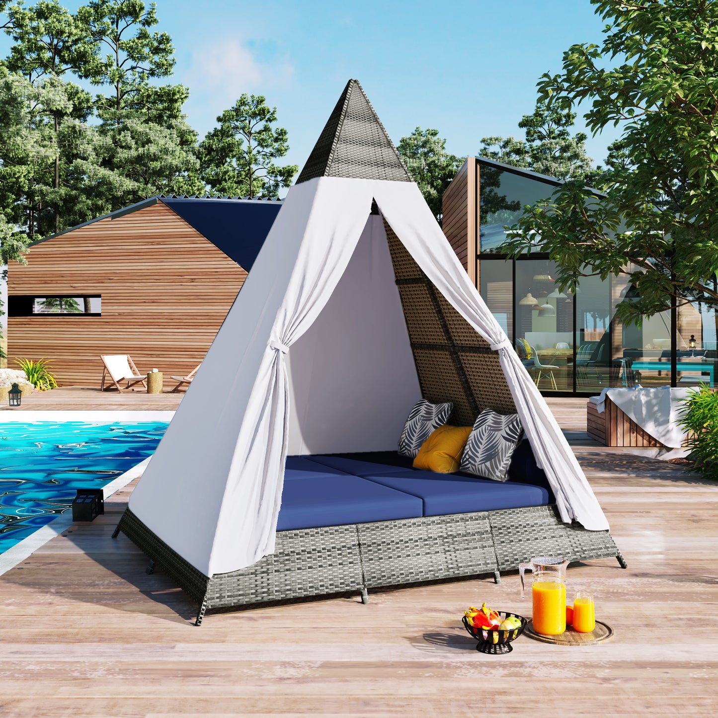 Pyramidshaped outdoor daybed with grey wicker frame and blue cushions
