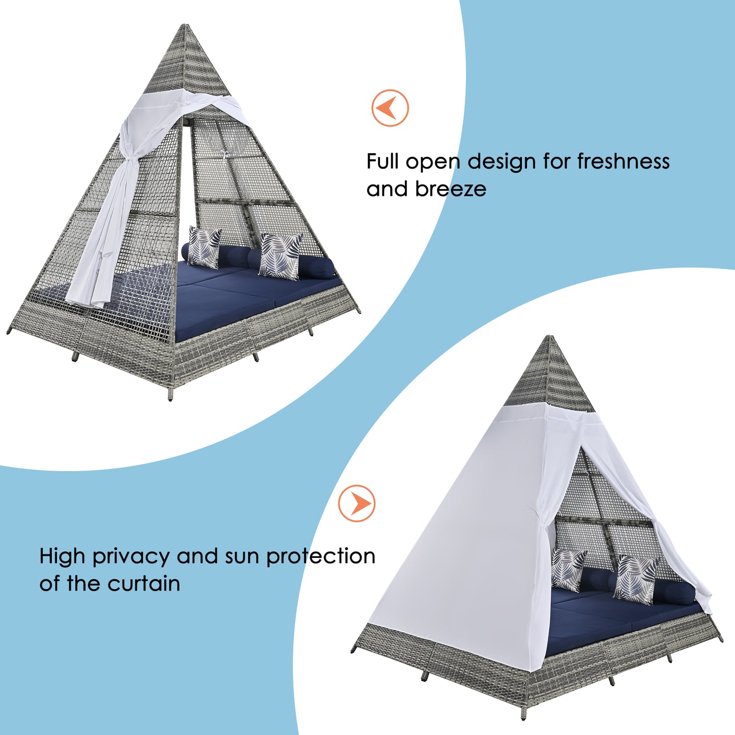Gray wicker pyramid patio daybed with navy cushions and white privacy curtains
