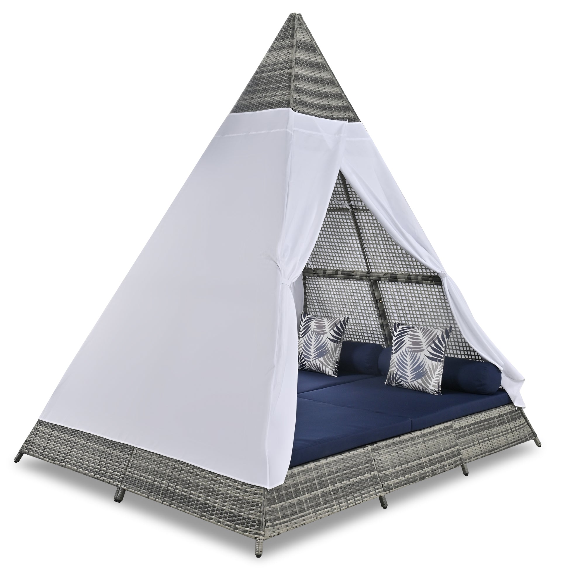 Grey wicker outdoor daybed with canopy and navy cushions