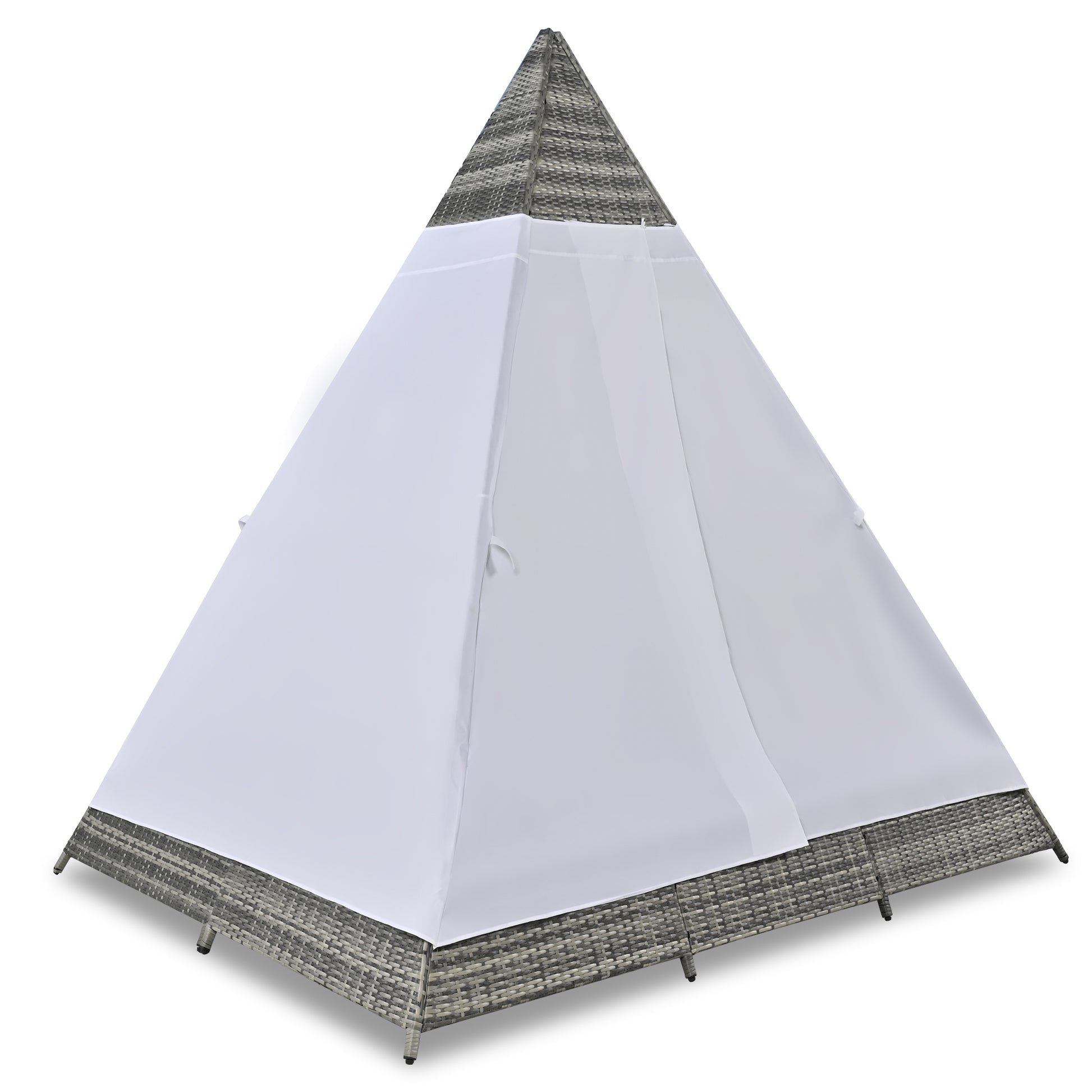 Grey rattan pyramid patio umbrella with white canopy
