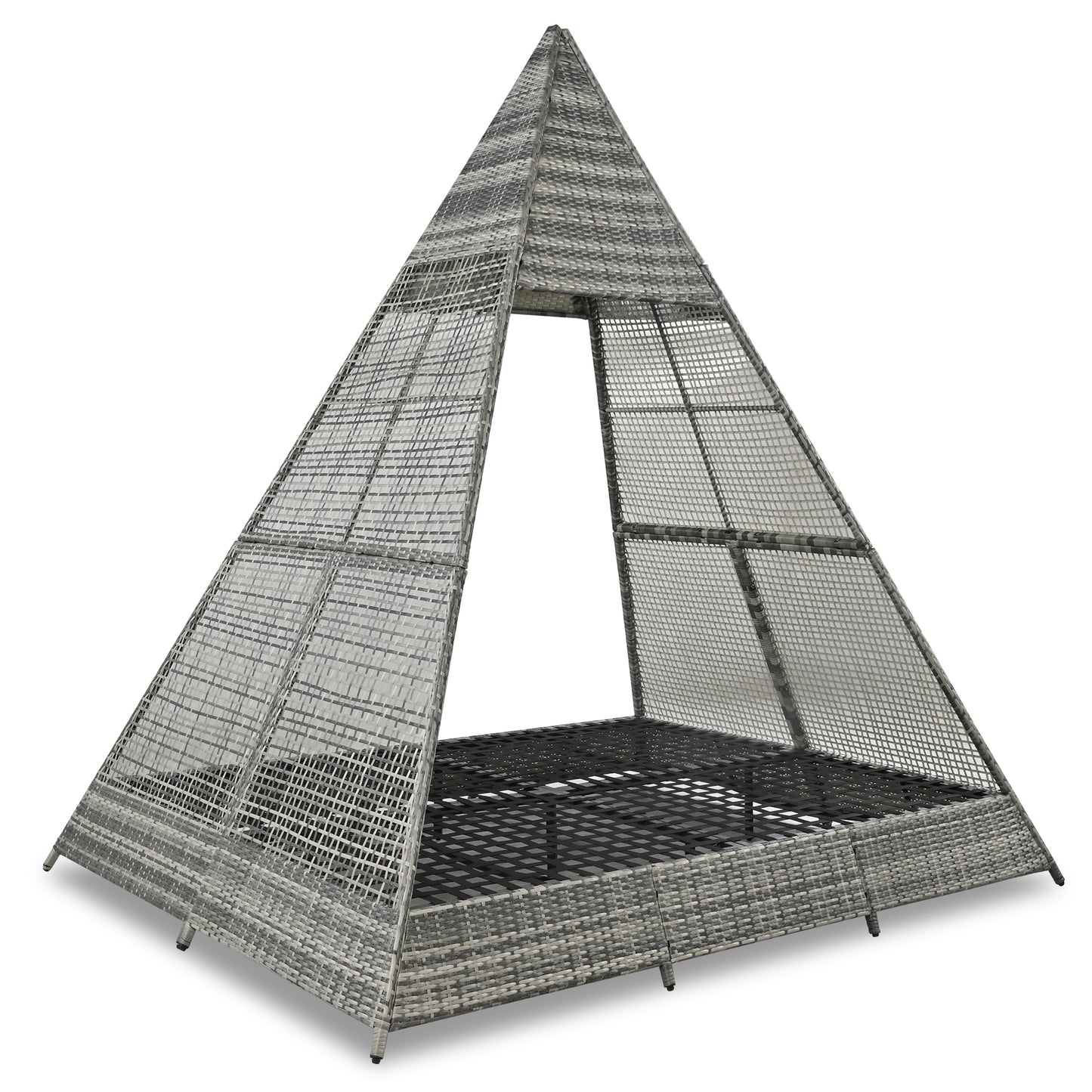 Gray wicker pyramid daybed with an open canopy structure for outdoor relaxation
