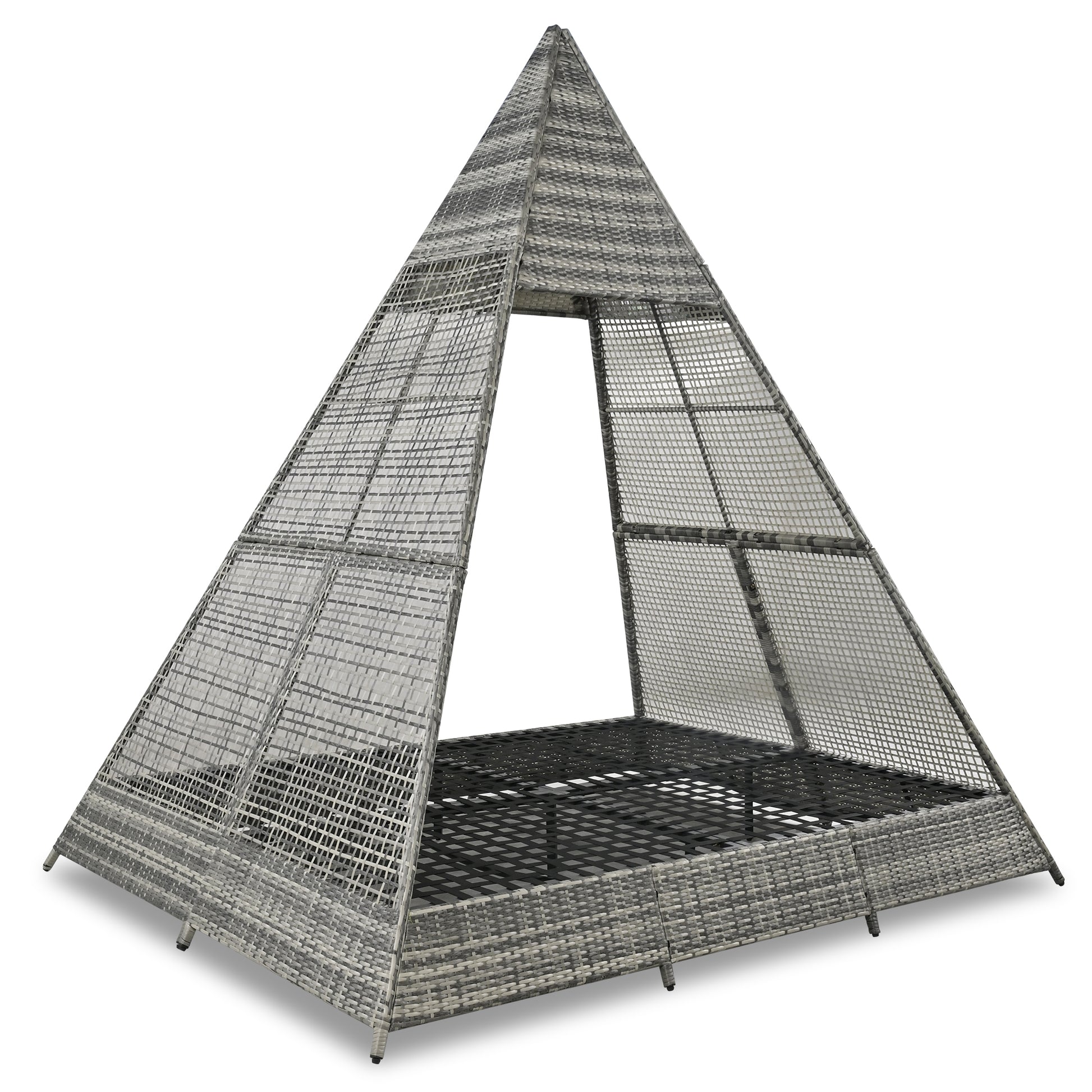 Gray wicker pyramid daybed with an open canopy structure for outdoor relaxation