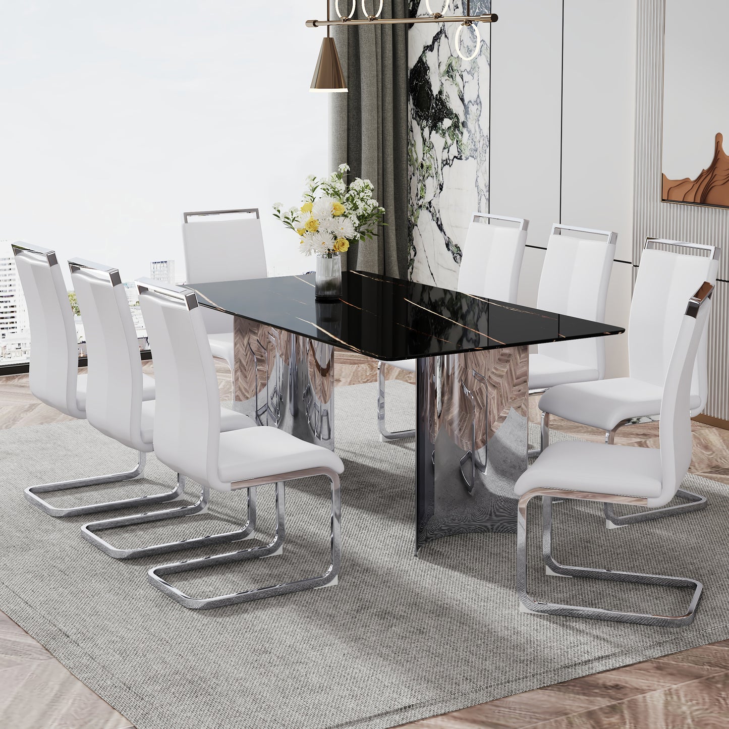 Modern dining set with black marble top table and white leather chairs