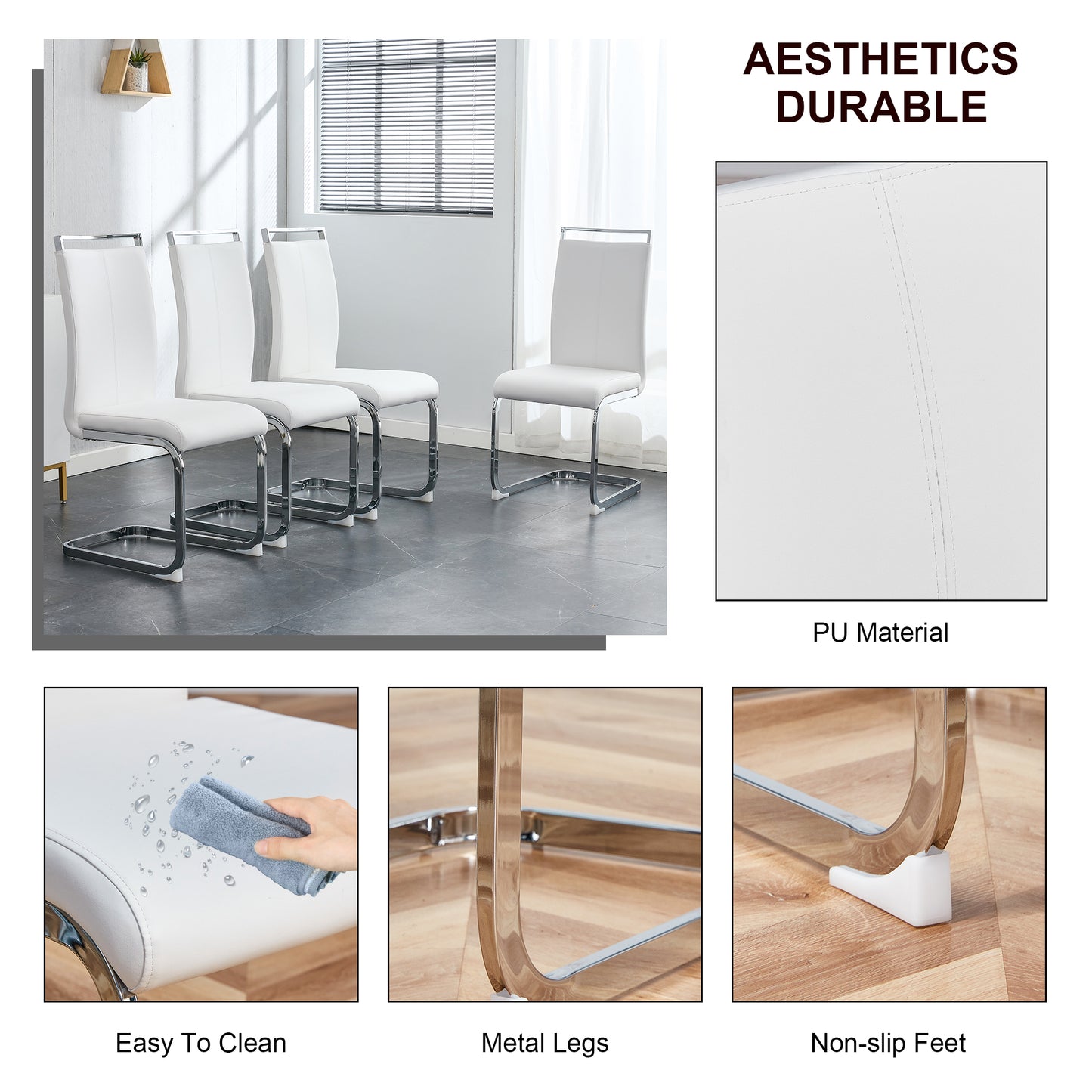 Four white PU leather dining chairs with chrome metal legs