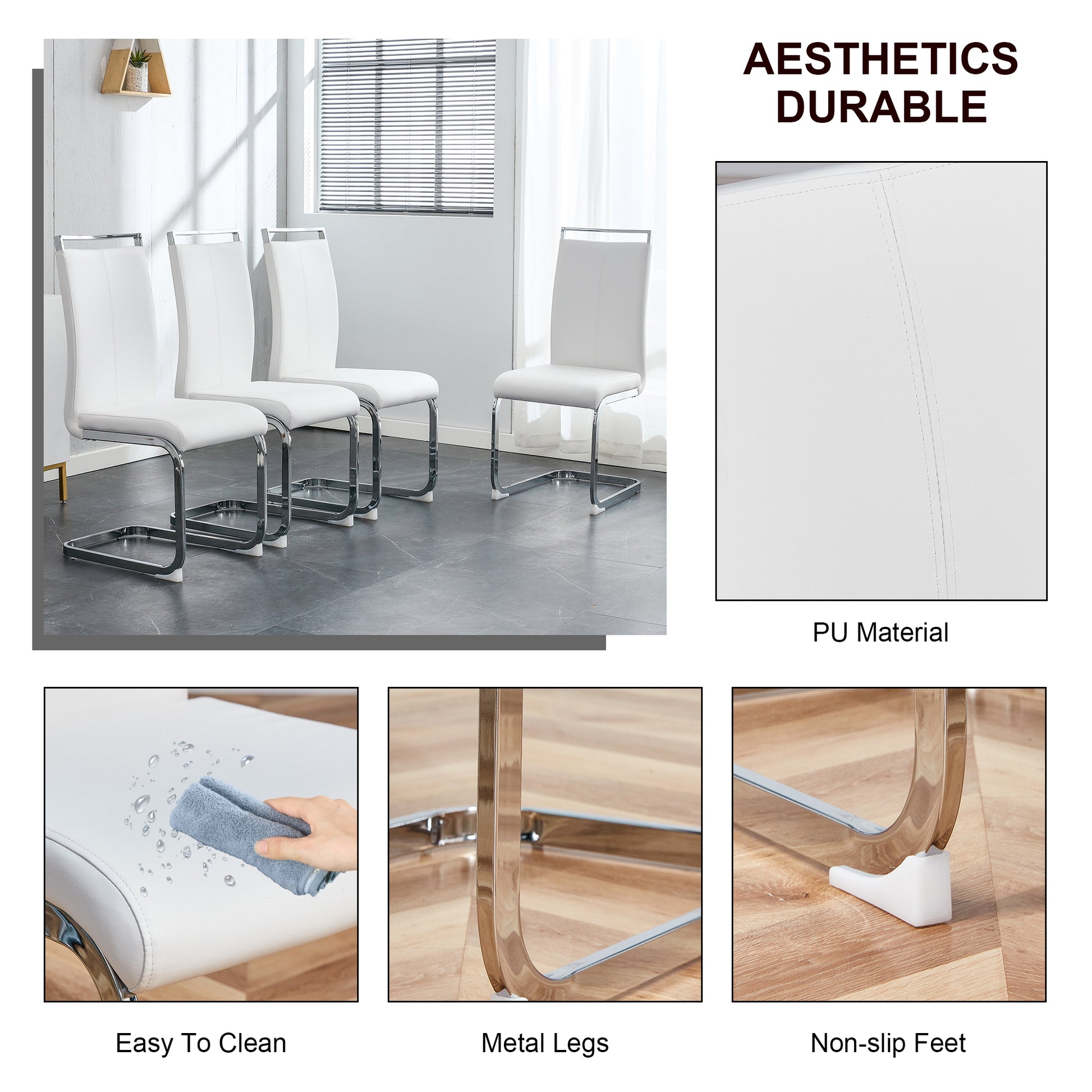 Four white PU leather dining chairs with chrome metal legs