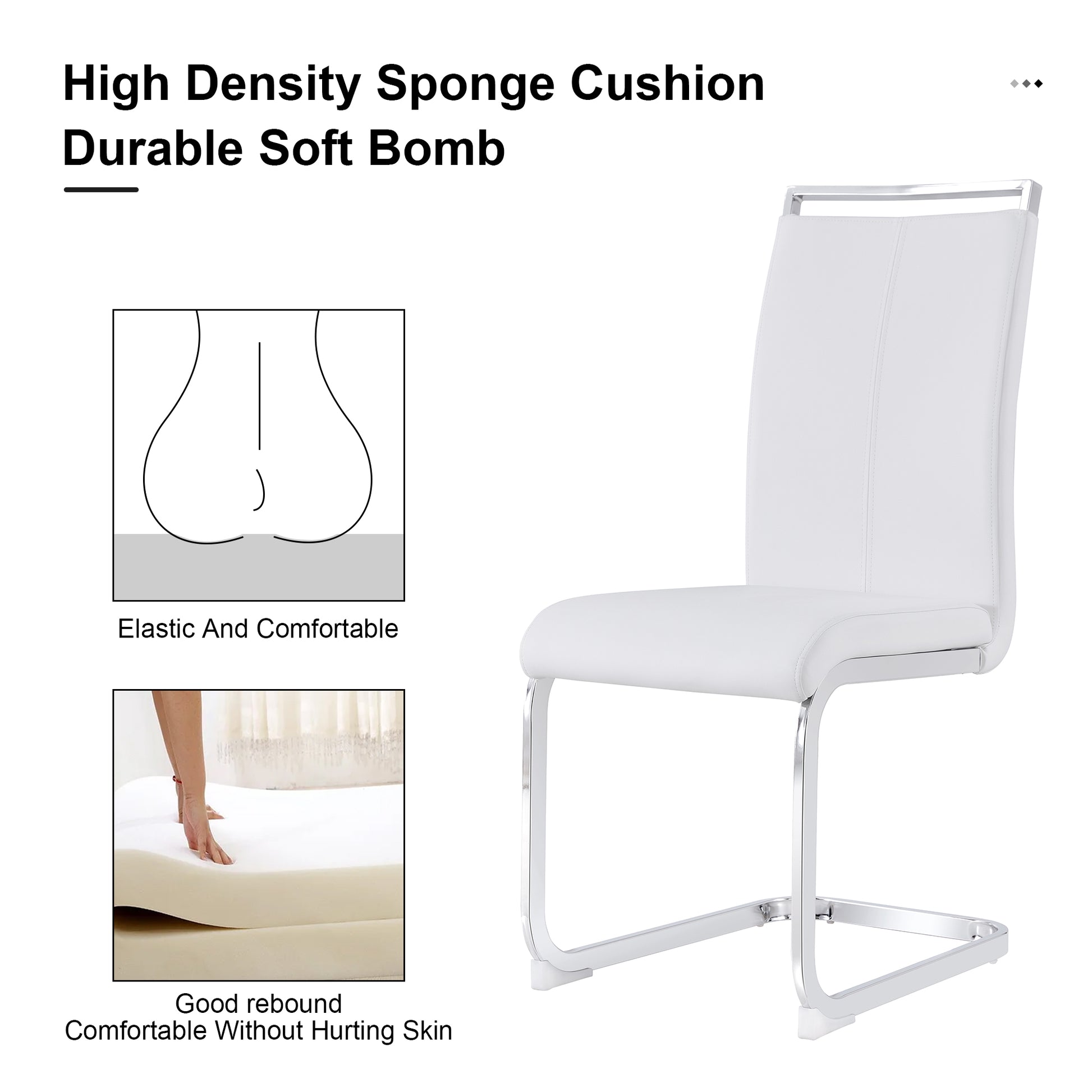 White faux leather dining chair with chrome cantilever legs