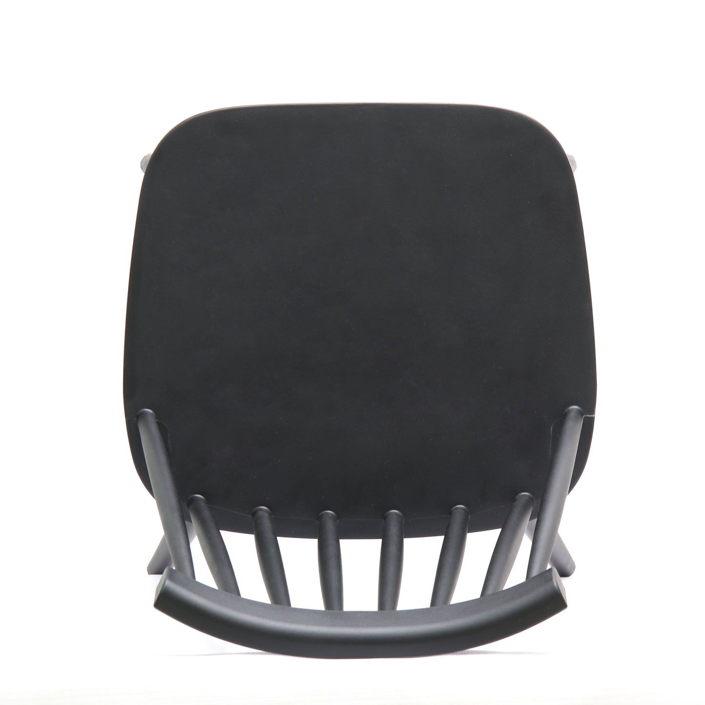 Black minimalist wooden chair with curved seat and spindle back