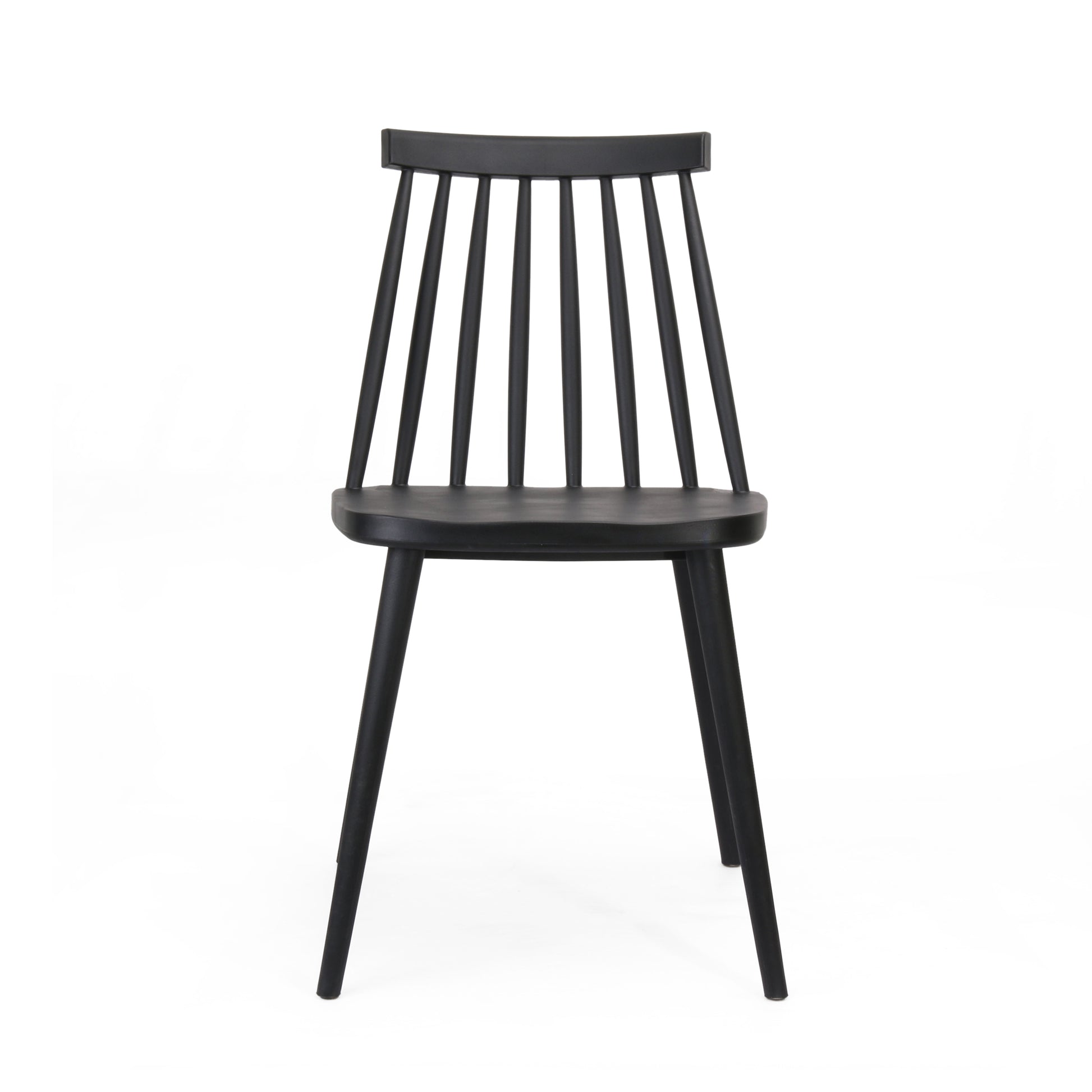 Black wooden dining chair with spindle back and tapered legs